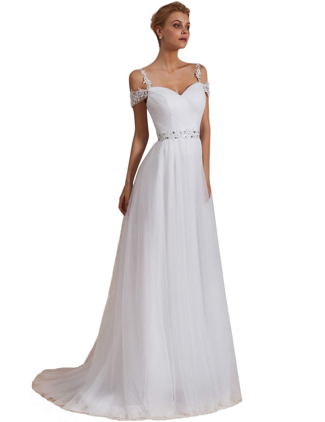 Elegant A-Line Off Shoulder Beaded Wedding Dress for Women - 2019 Bridal Gown 102WD | Perfect for Beach, Church & Formal Wedding Ceremonies
