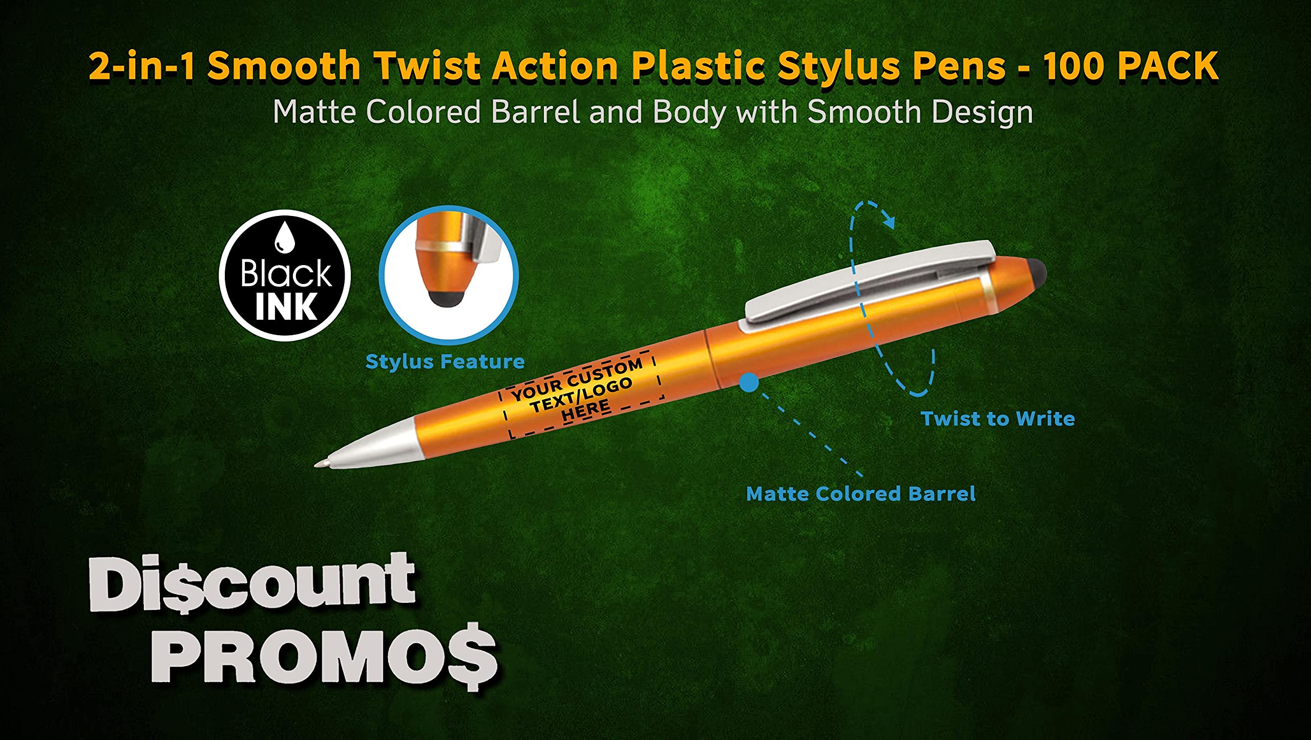 100 Pack Gillette Twist Action Plastic Stylus Pens - Custom Text & Logo Printing - Black Ink Orange Barrel - Bulk Office Supplies for Business Promotions, Trade Shows & Corporate Gifts