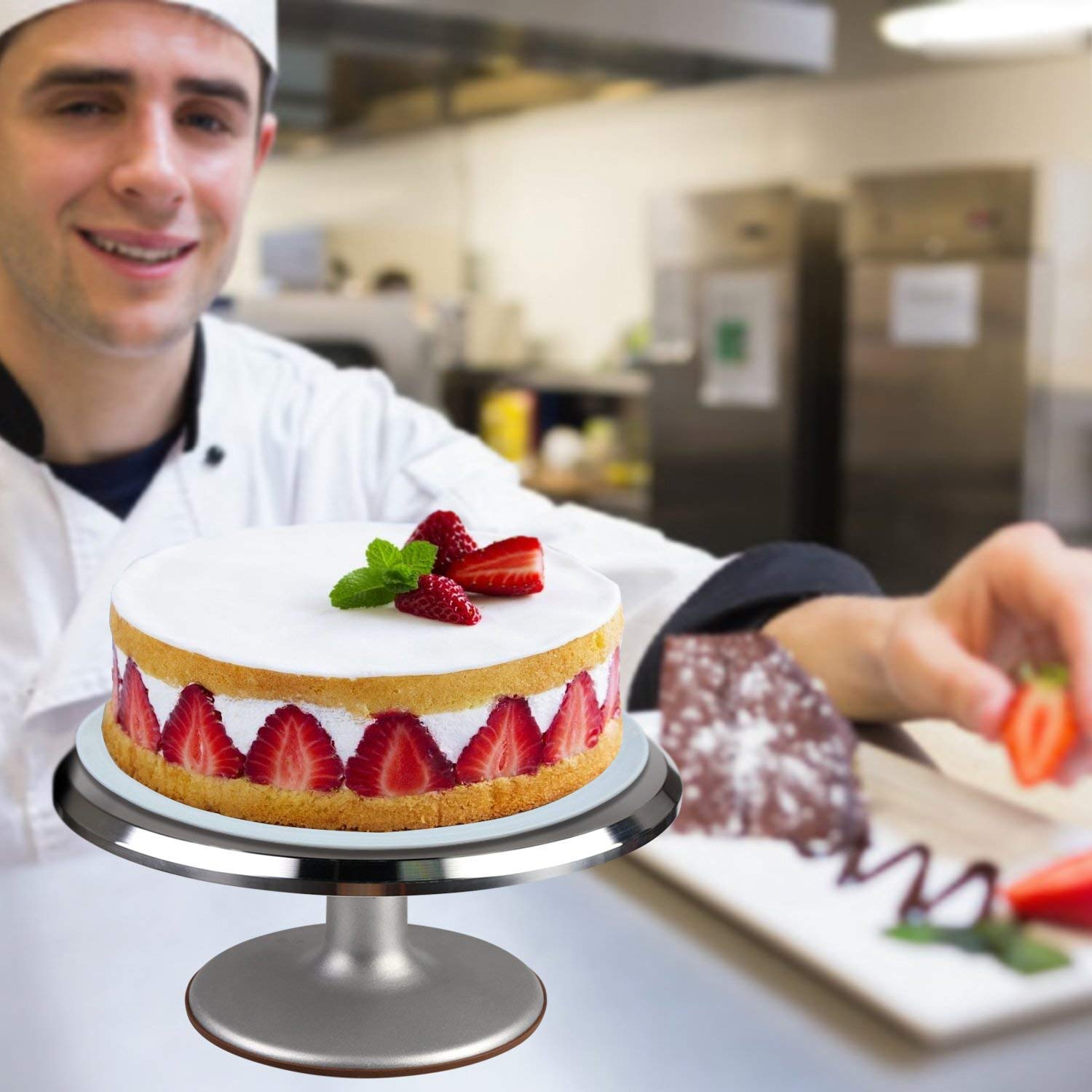 12.7'' Aluminium Alloy Revolving Cake Turntable Stand with Angled Icing Spatula, Cake Leveler, Comb & Smoother - Professional Baking Decorating Supplies for Birthday, Wedding & Fondant Cakes (ZC033)