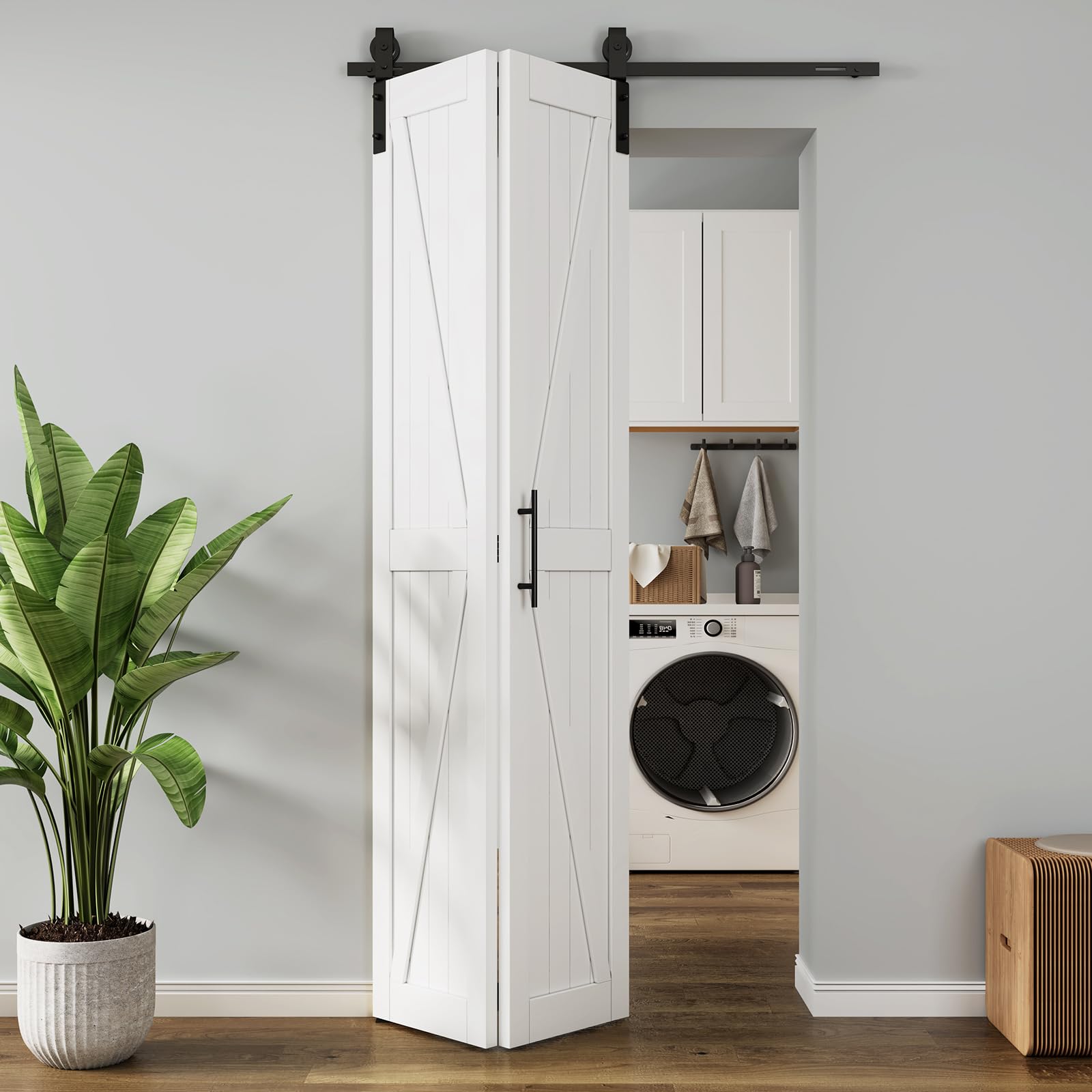 ROOMTEC 30x84 Inch Bifold Barn Door - Solid Pine Wood Sliding Closet Doors - No Assembly Required (Hardware Not Included) - Perfect for Bedroom, Walk-in Closet and Home Office Organization