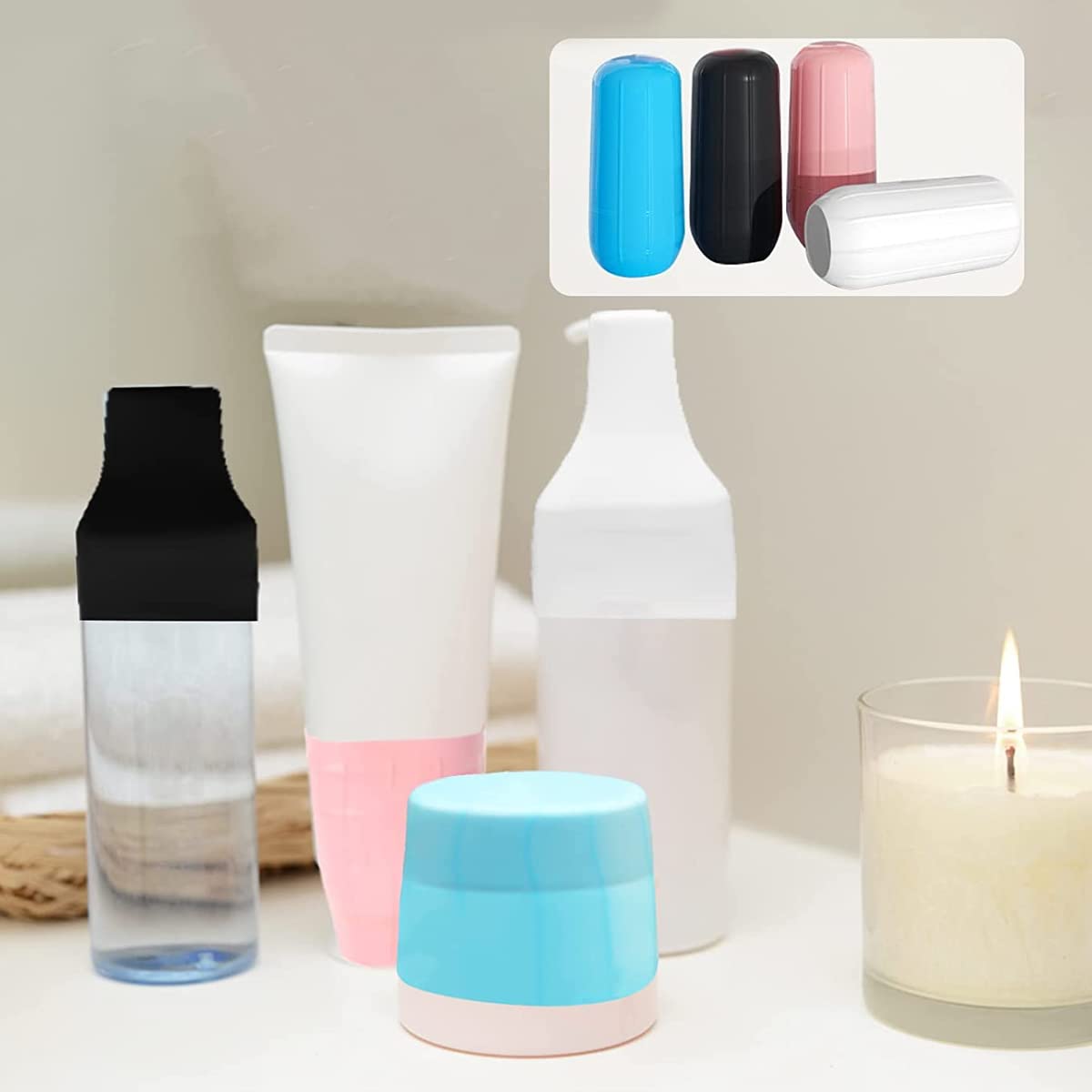 MAYCREATE® 4-Pack Silicone Bottle Covers - Leakproof Travel Bottle Sleeves for Toiletries & Cosmetics | Reusable Elastic Spray Bottle Protectors | Perfect for Air Travel, Gym & Home Organization