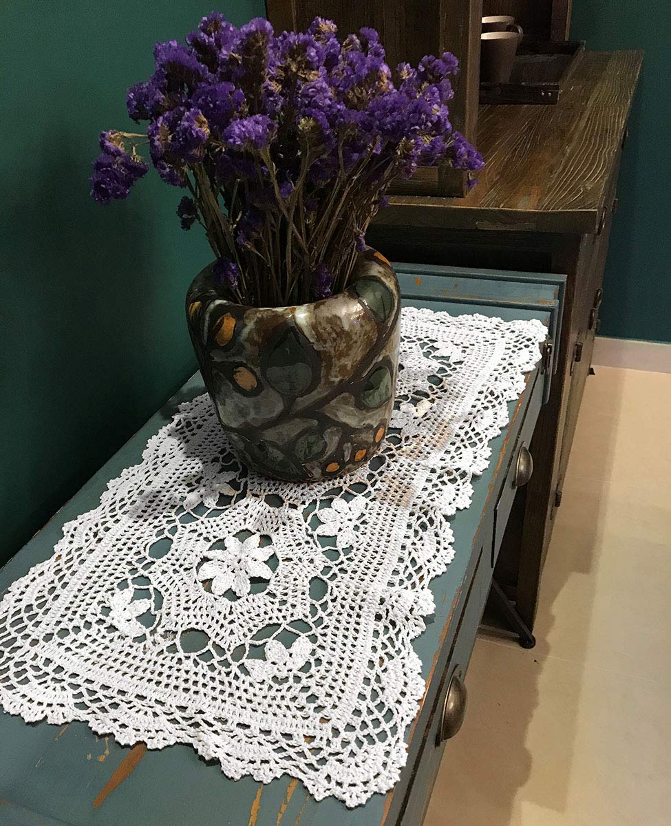 Handmade White Crochet Cotton Table Runner - 16x28 Inch Lace Doily Rectangular Dresser Scarf for Dining Table, Coffee Table & Home Decor