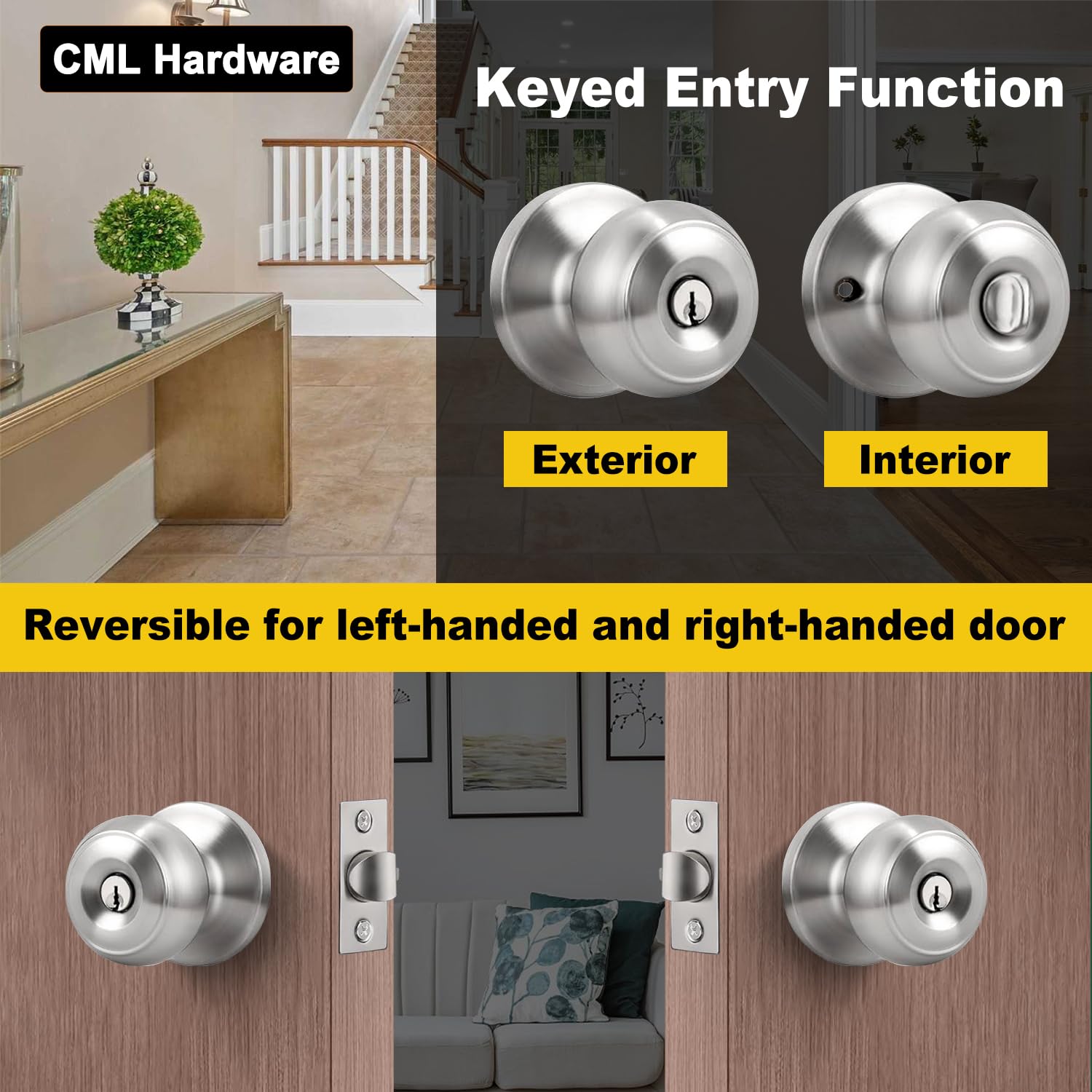 **CML Hardware Keyed Entry Door Knob Set - Solid Stainless Steel Exterior & Interior Door Lock with Round Ball Handle (1 Pack) - Perfect for Homes, Offices & Apartments**
