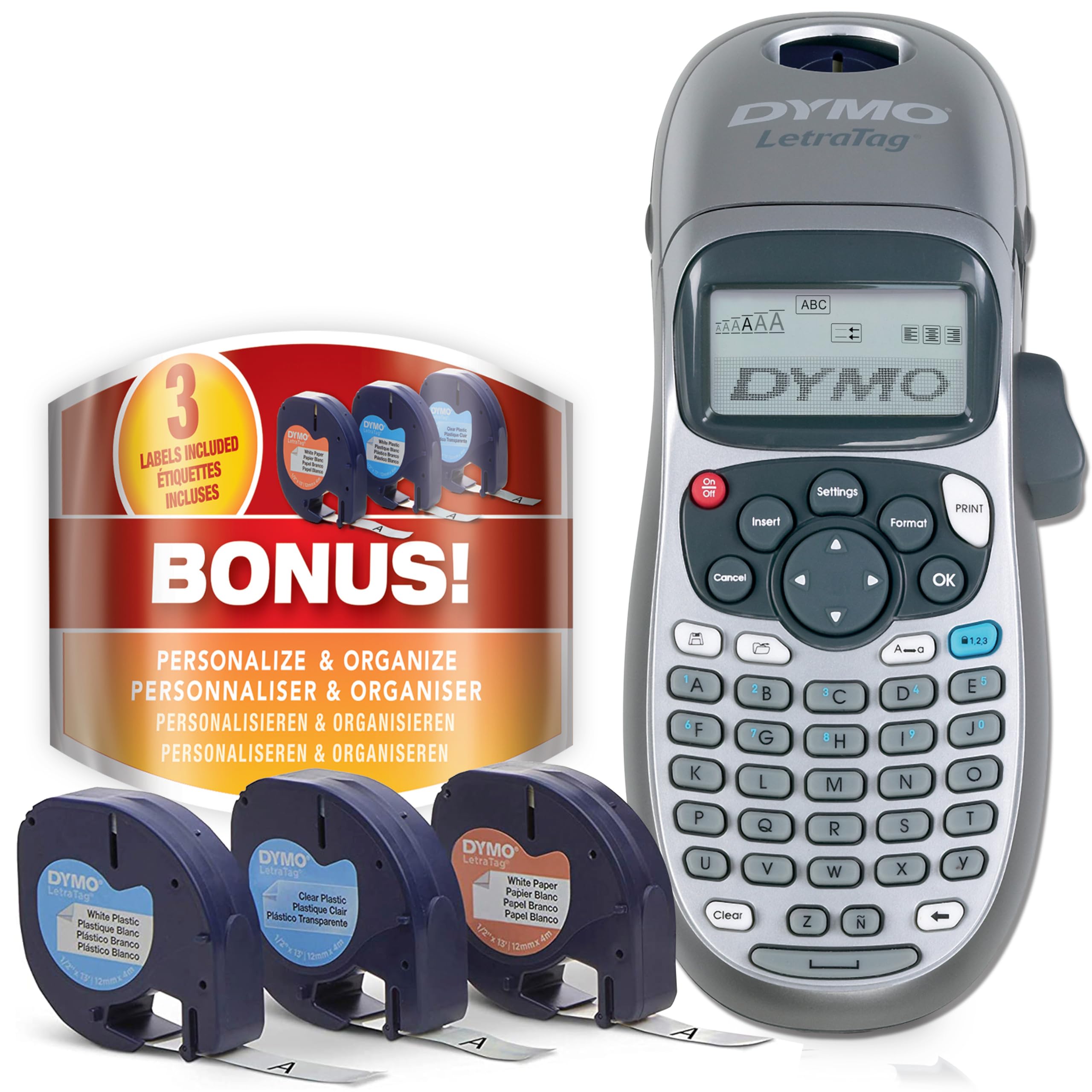 DYMO Label Maker Machine with Tape - 100H LetraTag Handheld Label Printer, Includes 3 LT Label Tapes for Home, Office, School & Warehouse Organization | Perfect for Filing, Storage, Mailing & Inventory Management