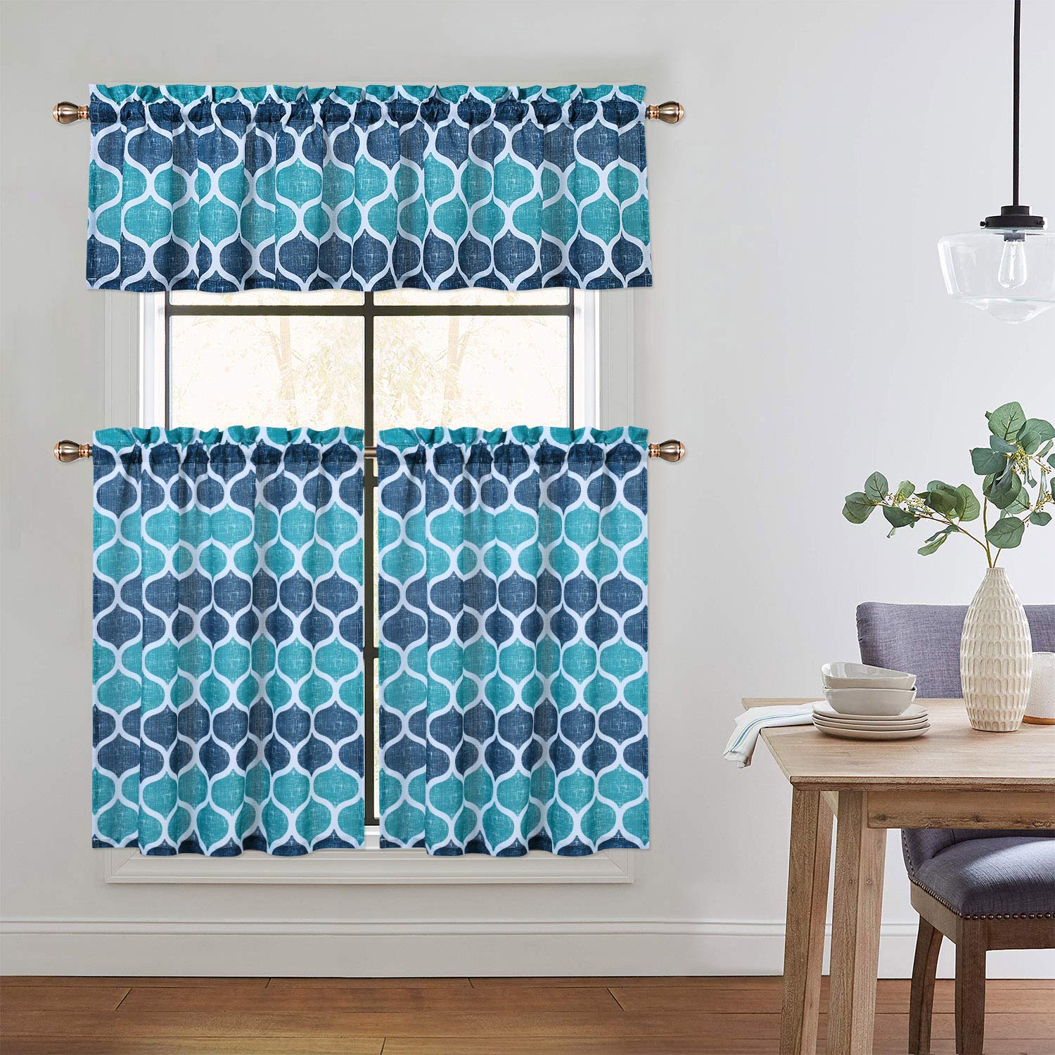 CAROMIO 36 Inch Geometric Printed Cafe Curtains for Kitchen & Bathroom - Navy/Teal Half Window Tier Curtains | Perfect for Small Windows, French Doors & Cozy Home Decor