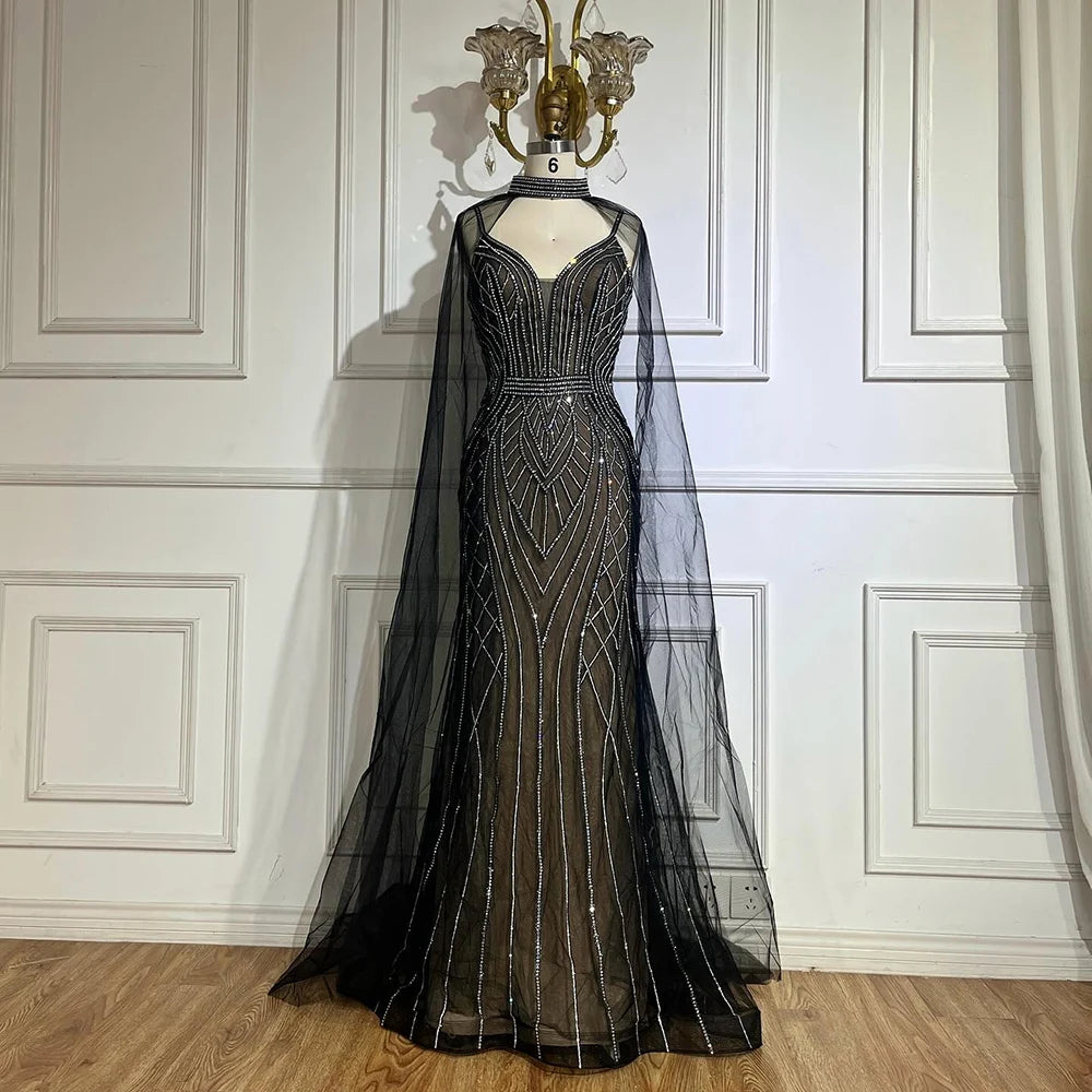 Luxury Dubai & Saudi Green Mermaid Evening Gown with Beaded Cape Sleeves - Arabic Formal Dress for Weddings, Galas & Special Occasions LA72838