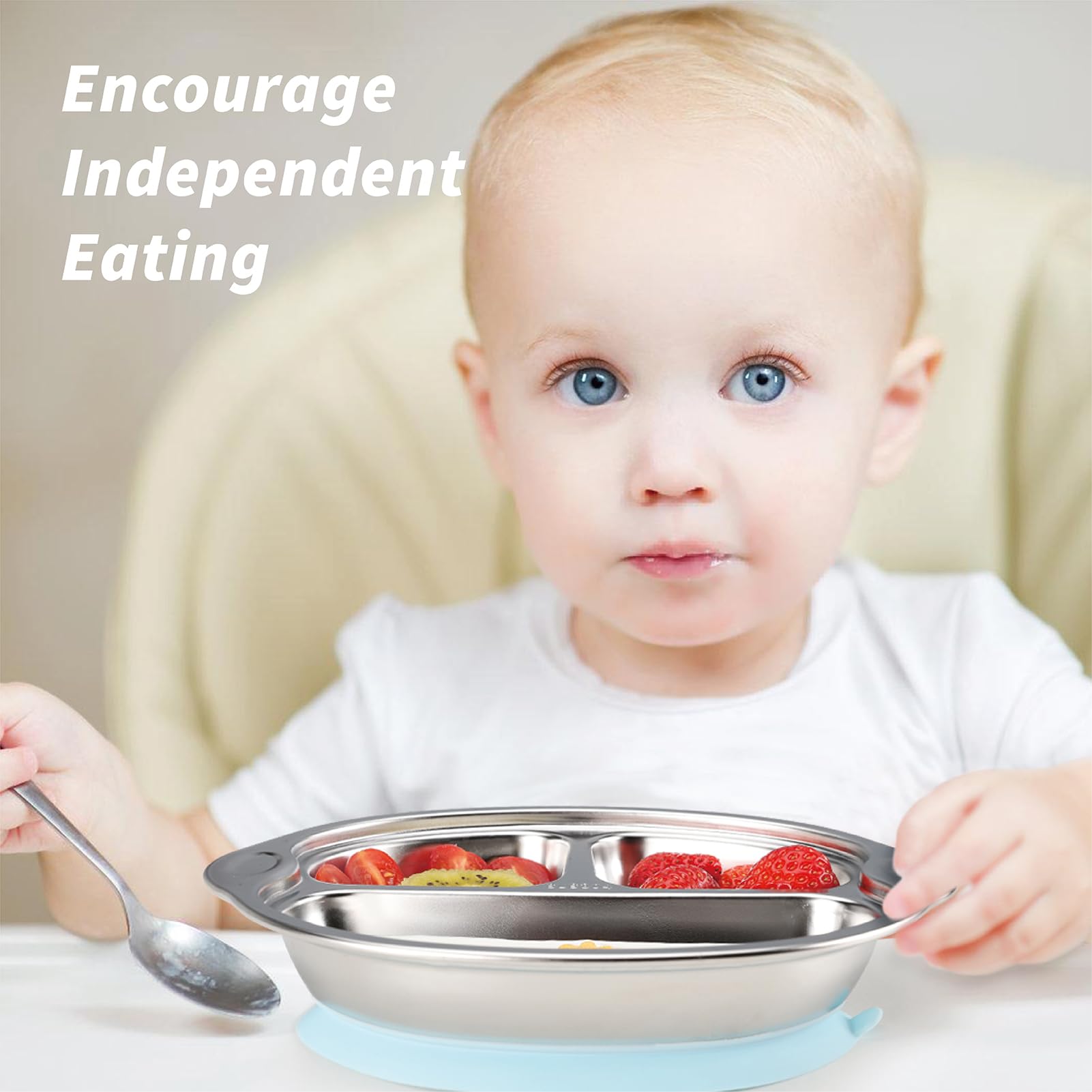 MR. CHOU Stainless Steel Baby Suction Plates - 3 Divided Toddler Plates for Baby Led Weaning | 100% Food Grade, BPA Free, Dishwasher Safe | Non-Slip Suction Base for High Chair & Travel | Perfect for Home, Daycare & On-the-Go Feeding (Blue)