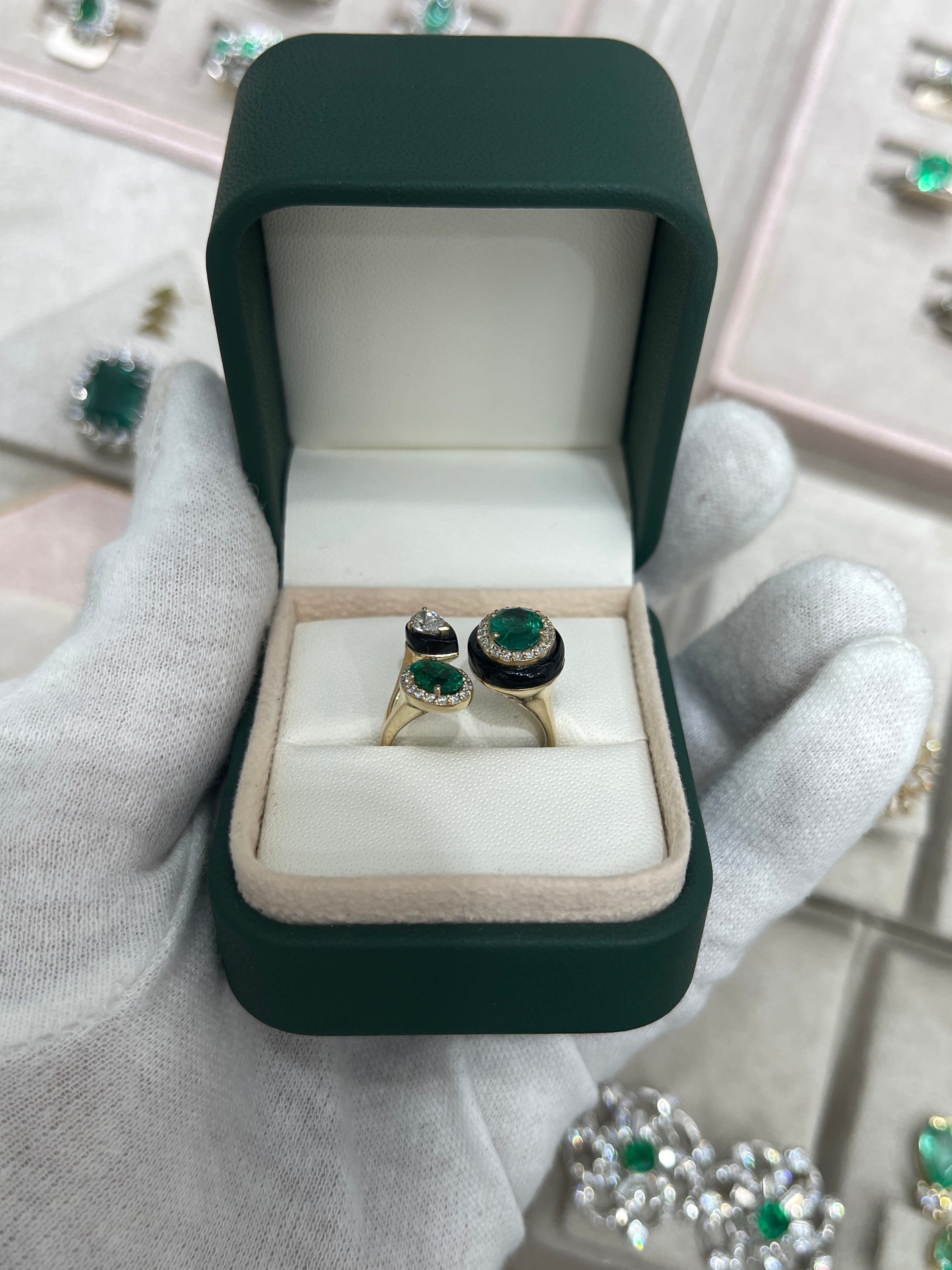 3.87tcw Oval Emerald Diamond Black Onyx Cluster Statement Ring in 14K Gold - Elegant Jewelry for Weddings, Parties & Special Occasions