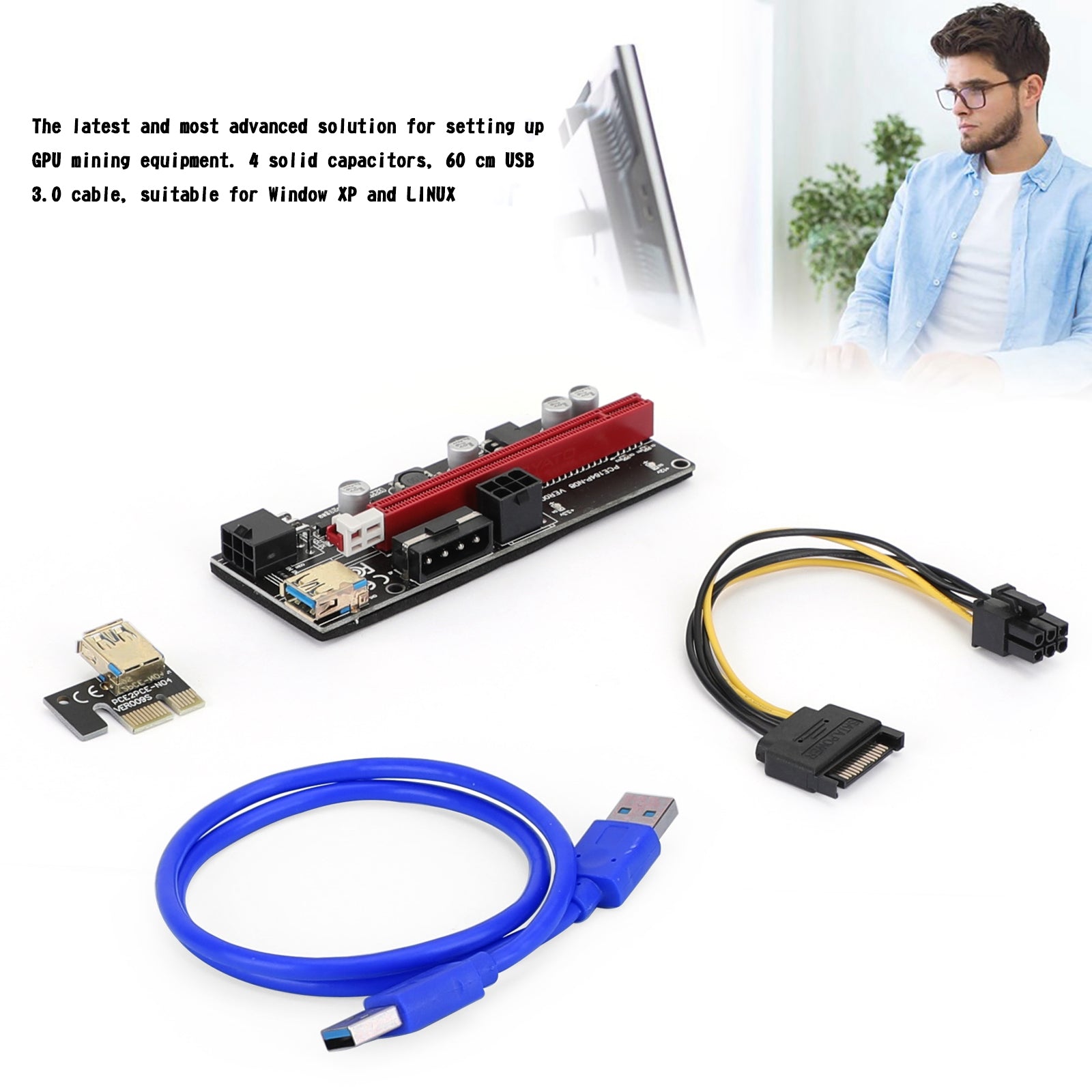 009S Plus PCIe Riser Card - PCI Express 1X to 16X Adapter with USB 3.0 Data Cable for Cryptocurrency Mining, GPU Expansion & PC Builds