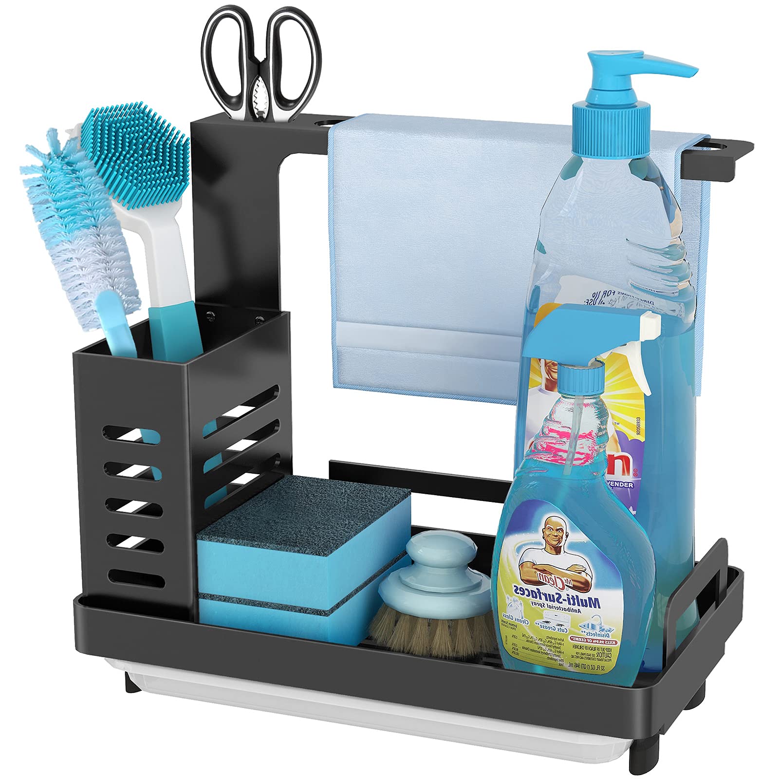 MKO Kitchen Sink Organizer Caddy - Sponge, Soap, Brush & Dishcloth Holder with Drain Pan - Countertop Storage for Kitchen Sink Accessories (Black) - Perfect for Small Kitchen Organization & Decluttering