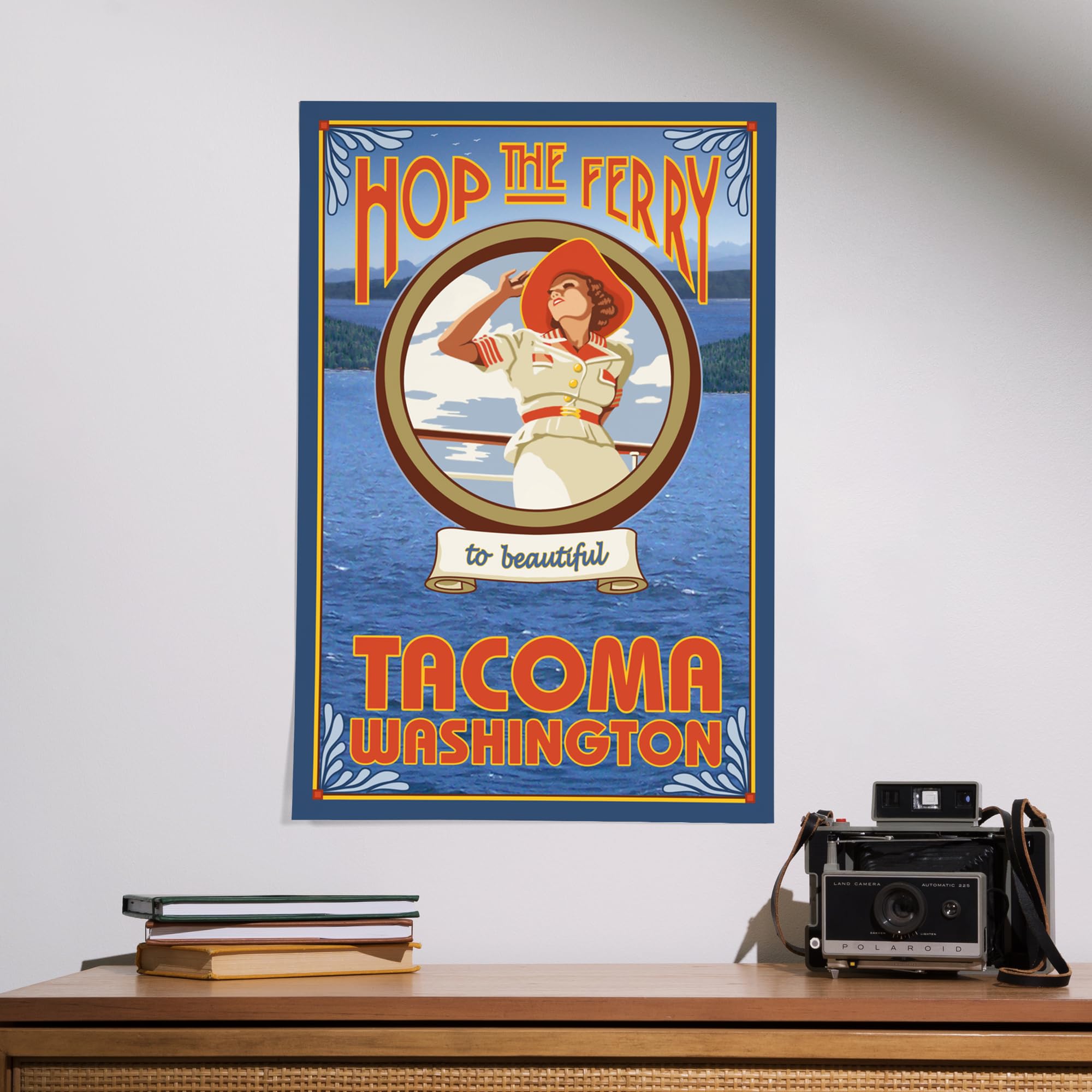 Lantern Press 16x24 Inch Giclee Art Print - Tacoma Washington Landscape with Woman Riding Ferry - Wall Decor for Living Room, Bedroom & Office