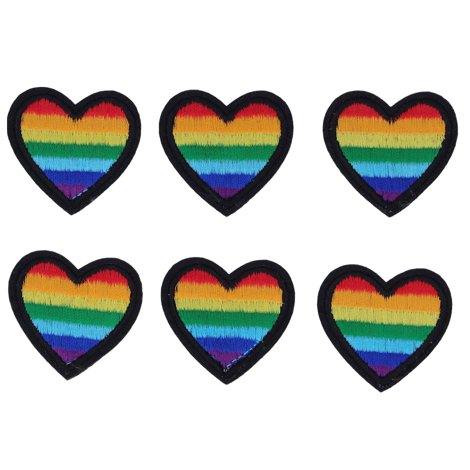 Zerodis 6PCS Iron-On Sewing Patches - DIY Repair & Decorative Embroidery Patches for Jackets, Hats, Backpacks, Skirts & Jeans - Rainbow Heart Shape with Black Border - Perfect for Customizing Denim, School Uniforms & Festival Outfits
