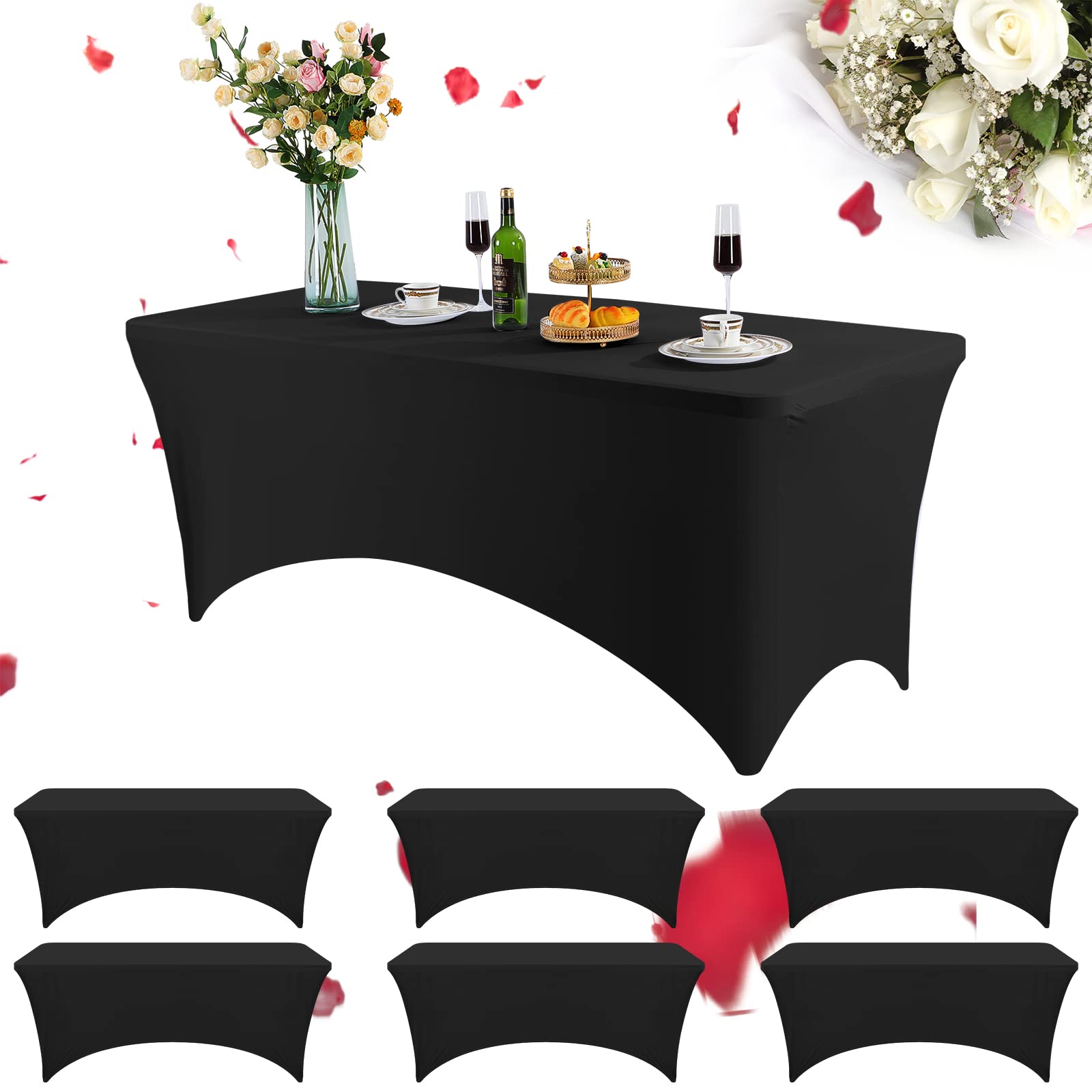 6 Pack Stretch Spandex Table Covers - Washable Polyester Fitted Tablecloths for Rectangle Tables (8 Ft, Black) - Perfect for Weddings, Parties, Events & Home Decor
