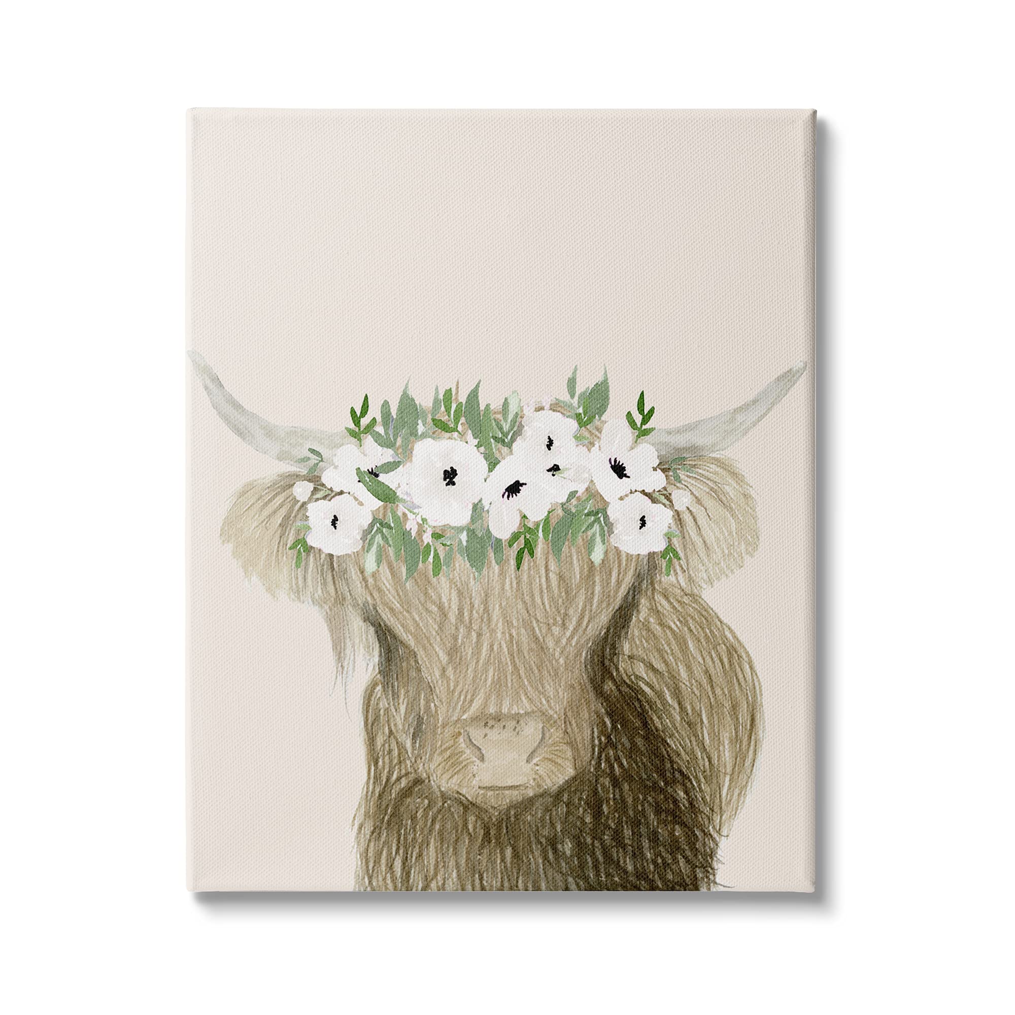 Highland Cattle Portrait with White Poppy Floral Crown - Rustic Canvas Wall Art by Lucille Price, 30x40 Inches, Brown | Farmhouse Decor for Living Room, Bedroom & Office