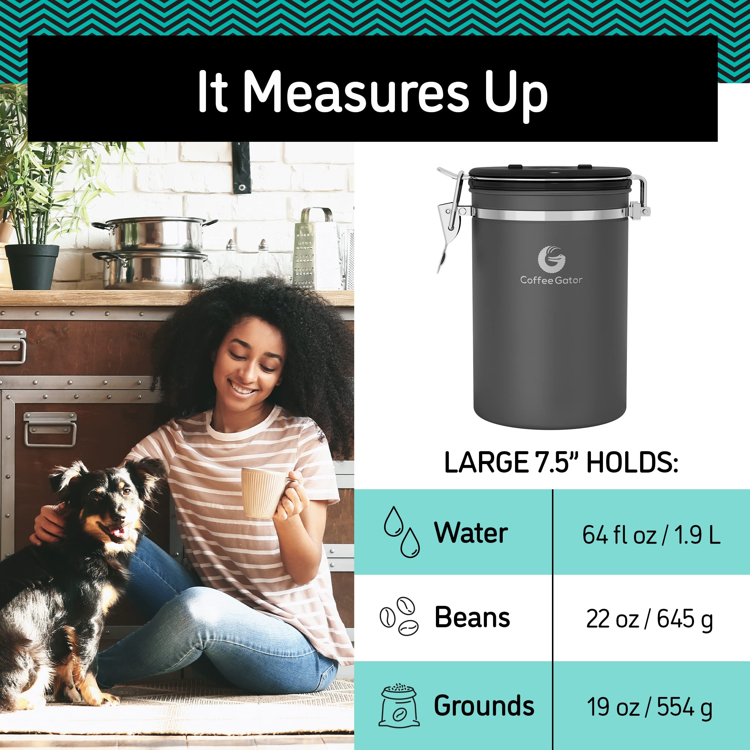 Premium Coffee Gator Airtight Coffee Canister – 22oz Large Ground Coffee Storage Container with Magnetic Scoop (Gray) – Ideal for Kitchen, Office & Camping Freshness