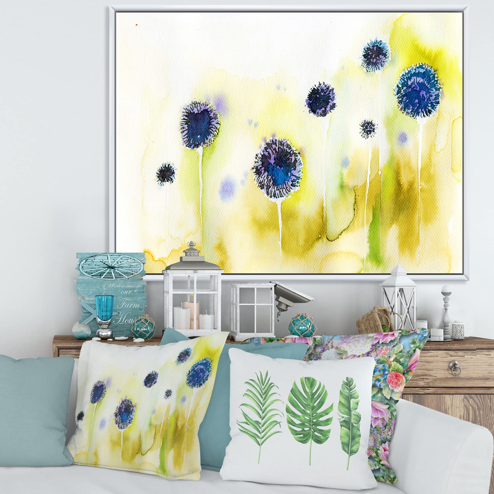 Blue Flowers In The Meadow - Traditional Framed Canvas Wall Art Print - Perfect for Living Room, Bedroom & Office Decor