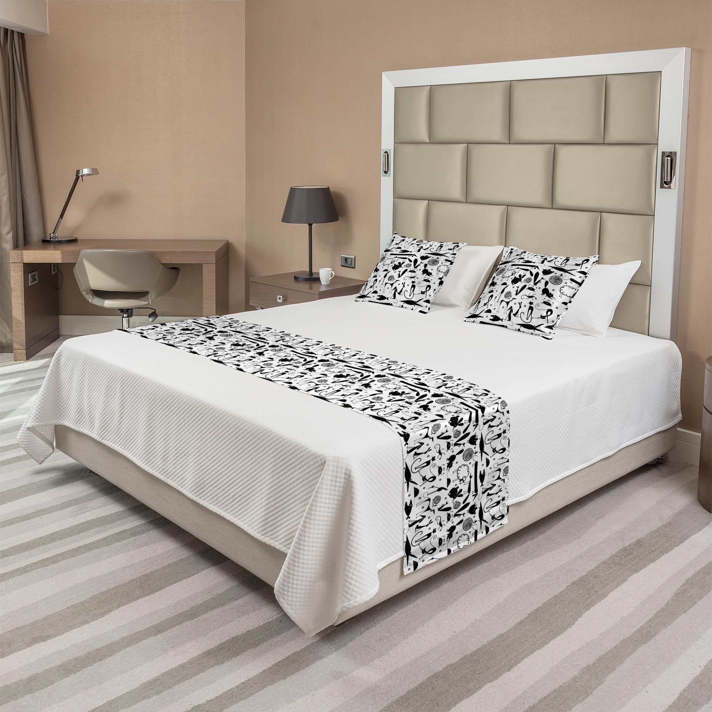 Ambesonne Animal Bed Runner Set - Sheep, Rabbit, Fox Print for Home & Hotel Decor