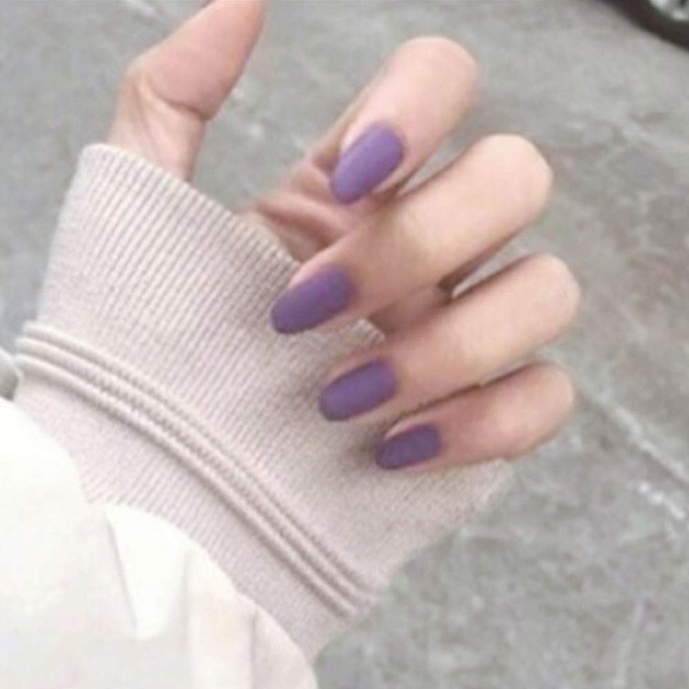 24Pcs Matte Medium Long Round Press On False Nails - Grey Purple Acrylic Full Coverage Fake Nails for Women | Natural Look, Easy Application, Perfect for Parties, Weddings & Special Occasions