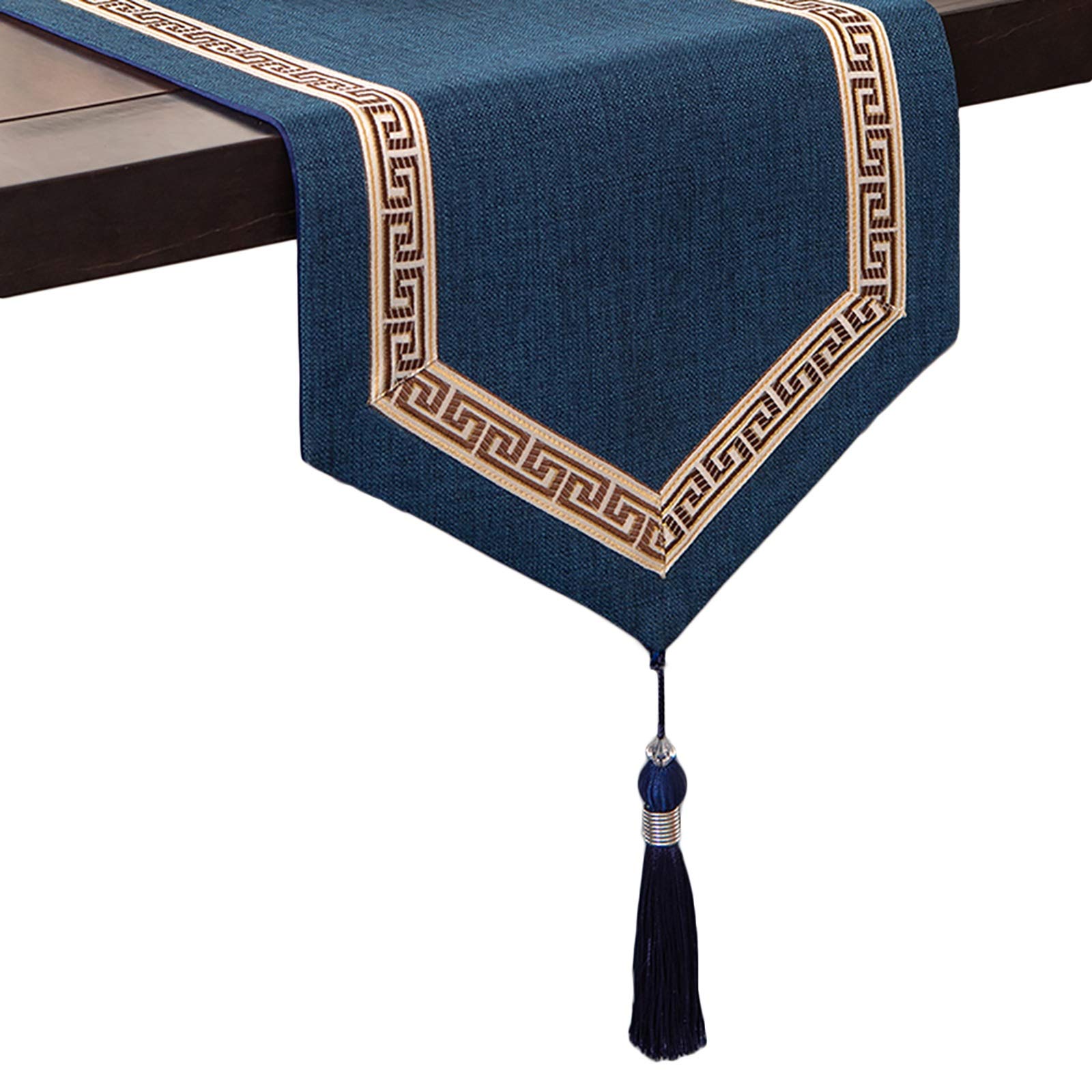 Elegant Solid Blue Linen Table Runner with Removable Tassels - 33×180cm Dining Table Decor for Dinner Parties, Bedroom Dresser, Cabinet & Piano Top Decoration