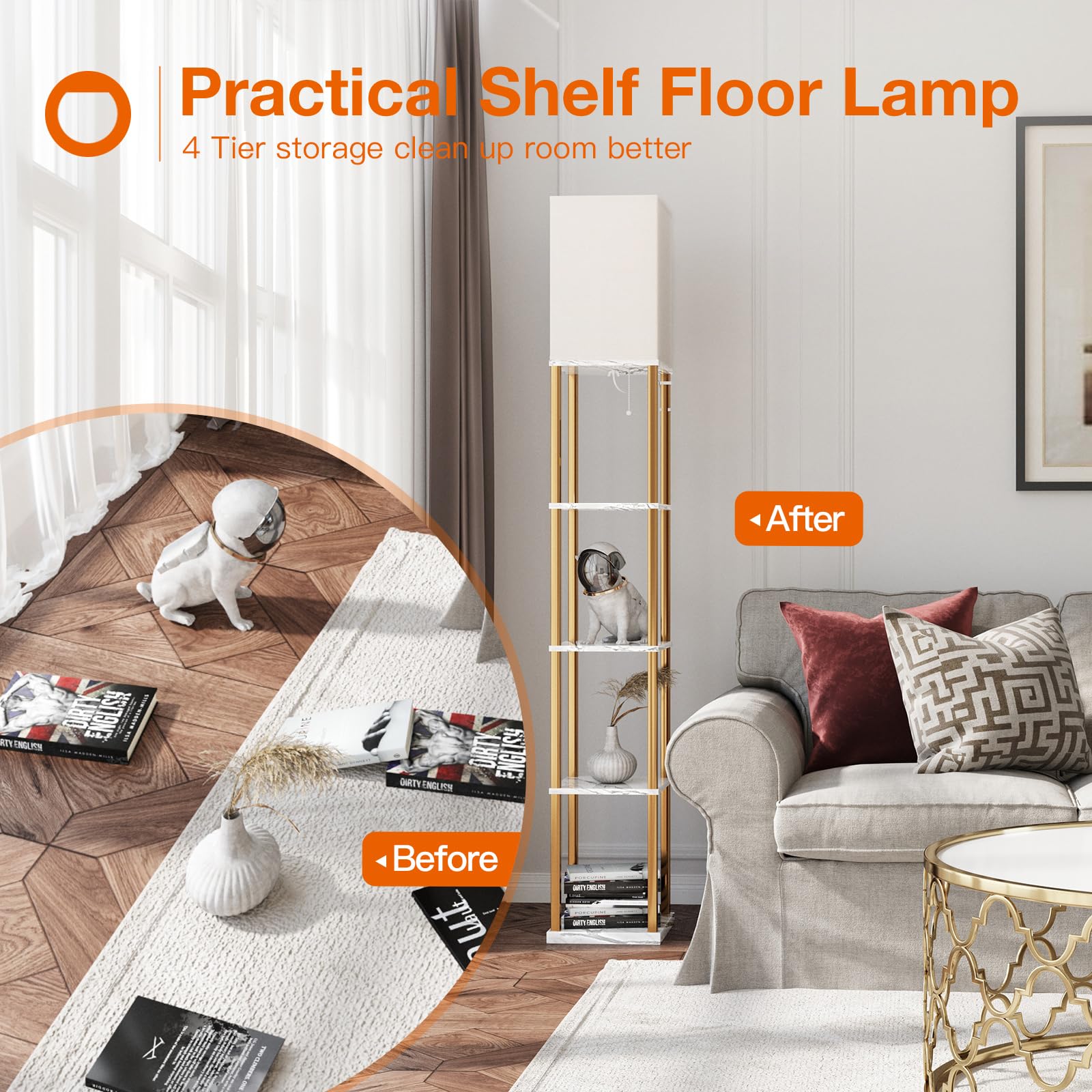 Addlon 5-Tier Modern Shelf Floor Lamp with 3CCT LED Bulb - Marble Texture & Gold Frame Display Lamp for Living Room, Bedroom, Office - Perfect for Reading, Decor & Ambient Lighting