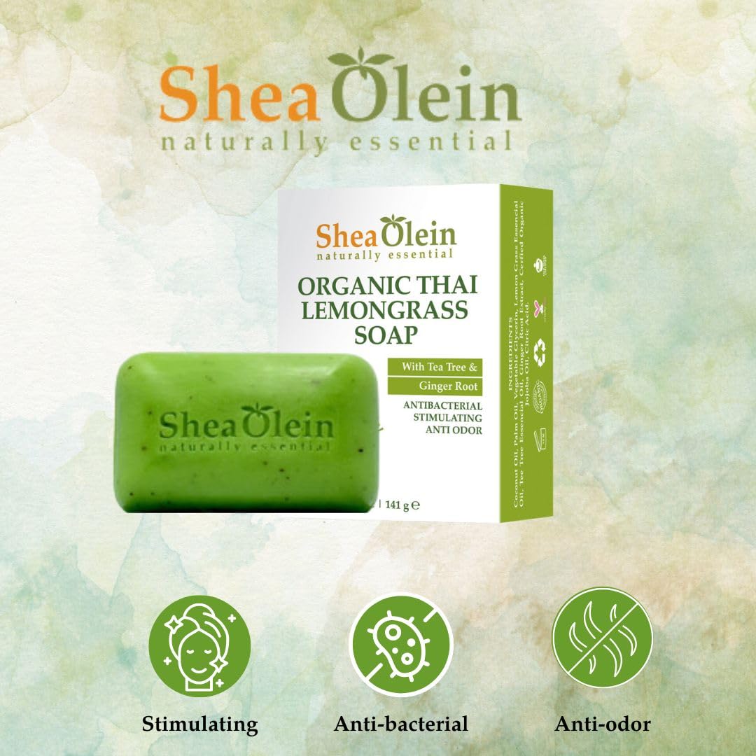 Organic Thai Lemongrass Shea Olein Soap Bar - Antibacterial, Anti-Odor with Tea Tree & Ginger Root - pH Balanced Natural Bar Soap for Refreshing Clean (5 oz, 6 Bars) - Perfect for Daily Shower, Spa Day & Travel Toiletries