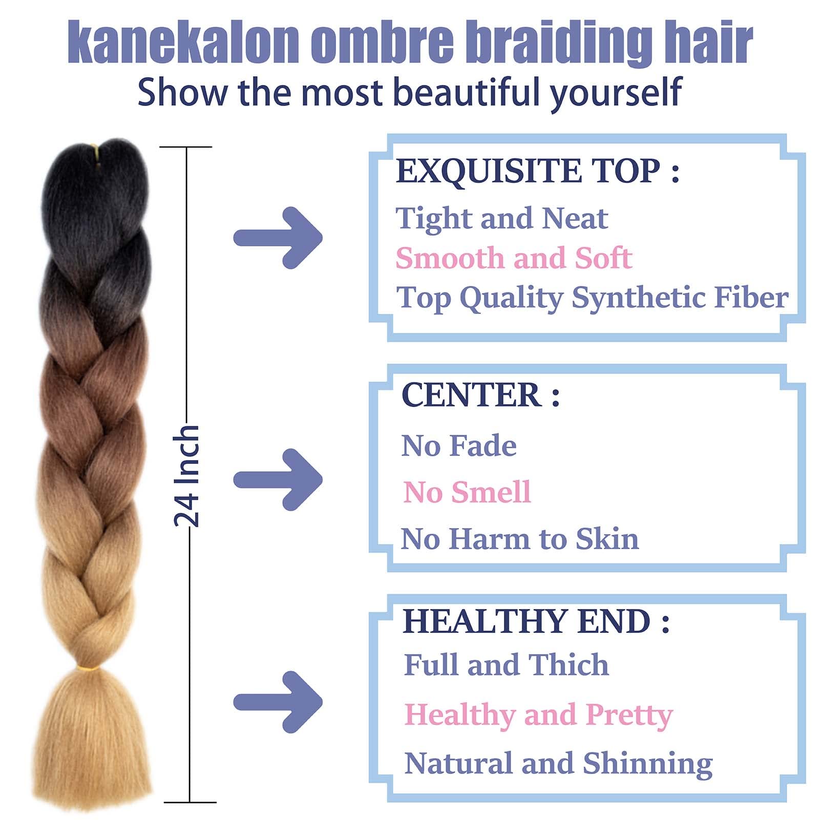 3 Packs 24 Inch Kanekalon Ombre Jumbo Braiding Hair Extensions for Women - High Temperature Synthetic Hair for Twist & Crochet Braids | Perfect for Protective Styles, Box Braids & Natural Hair Care