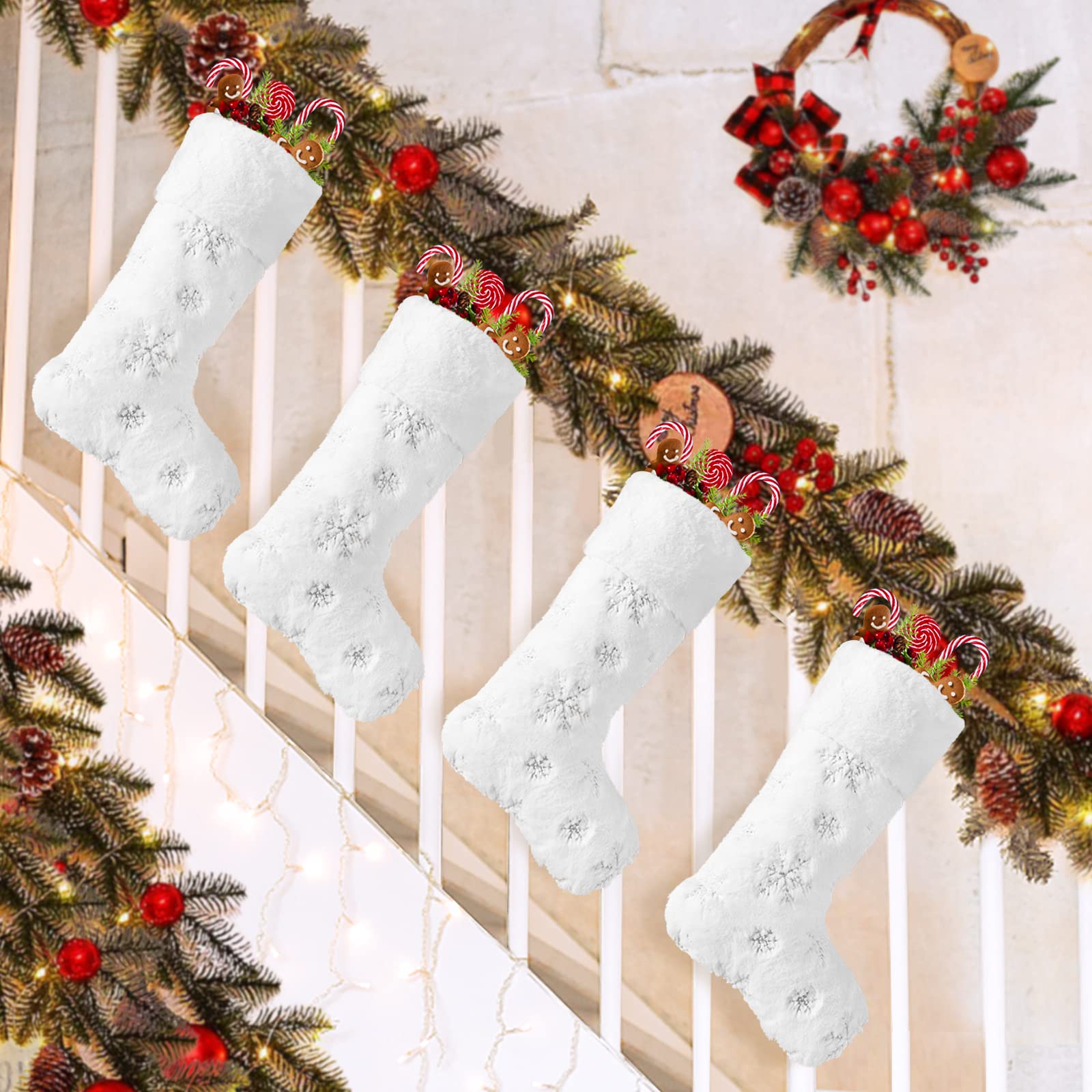 6 Pack Personalized Christmas Stockings with Names - 22 Inch Custom Embroidery Faux Fur Holiday Stockings (Gold/Silver Snowflake Designs) for Fireplace Mantel, Xmas Tree Decorations & Holiday Party Gifts