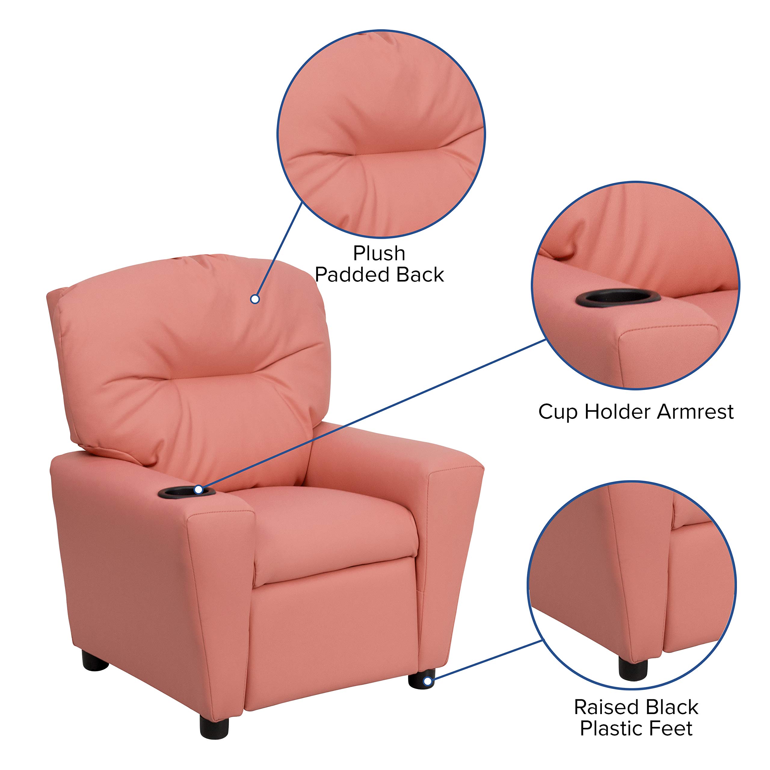 EMMA + OLIVER Pink Vinyl Kids Recliner Chair with Cup Holder - Comfortable Toddler Lounge Chair for Playroom, Bedroom & Movie Nights - Perfect Gift for Girls & Boys