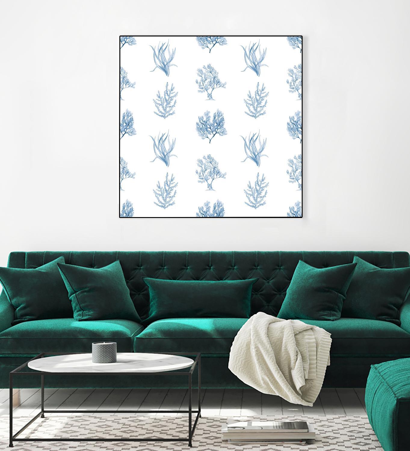 Blue Seagrass Pattern Home Decor - Coastal Style Wall Art, Throw Pillow & Table Runner Set for Beach House & Boho Living Room