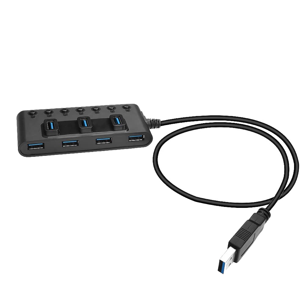 Vervmczn 7-Port USB 3.0 Hub Adapter with Individual Switches - High-Speed Portable USB Splitter for Laptop, PC, and Computer - Ideal for Home Office, Gaming, and Multi-Device Charging