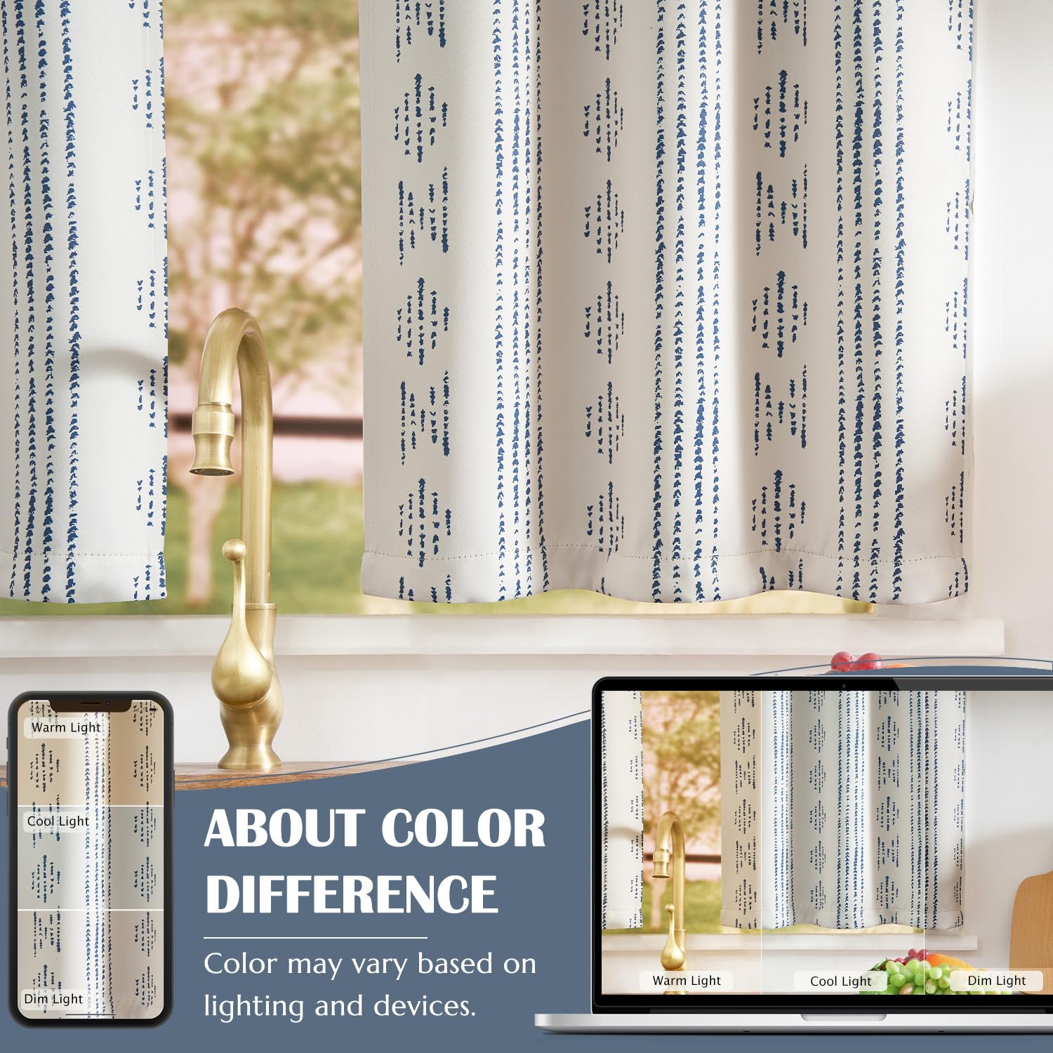 Jinchan 100% Blackout Bohemian Kitchen Curtains 24 Inch - Thermal Insulated Cafe Tier Curtains for Bedroom, RV, Basement - Blue on Beige Drapes for Half Windows | Perfect for Room Darkening & Energy Savings in Boho Style Homes