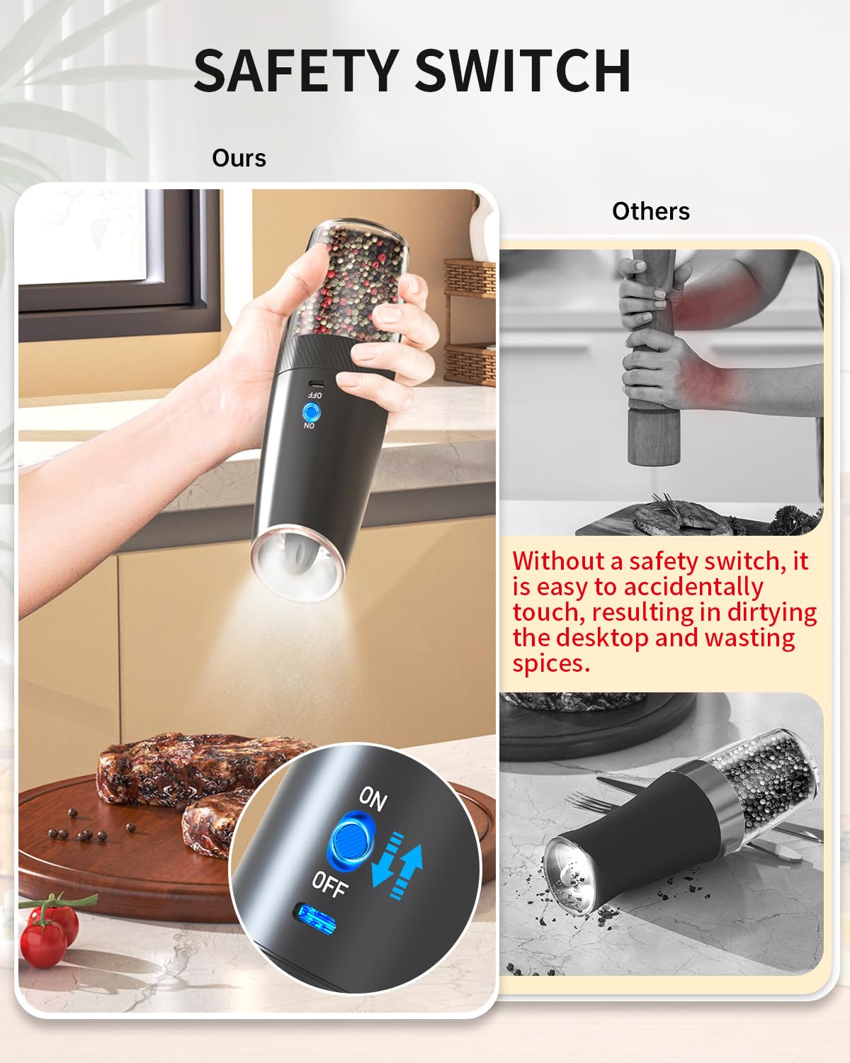 Premium Electric Pepper & Salt Grinder Set - Rechargeable Gravity-Operated Mill with LED Light, Adjustable Coarseness, 135ml Washable Container (Black) - Perfect for Kitchen, Dining Table & Outdoor BBQ