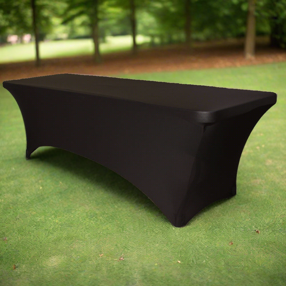 8 FT Rectangular Spandex Table Cover - Black | Premium Stretchable Fabric for Banquet, Wedding, and Event Decorations
