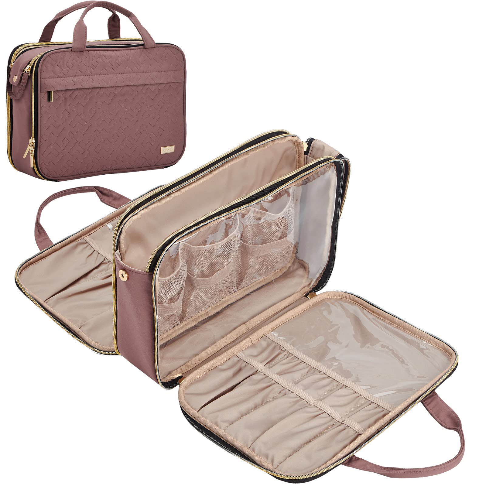 NISHEL Travel Makeup Bag Organizer - Portable Stand Up Cosmetic Case for Toiletries | Rosewood-Pink | Perfect for Vacation, Business Trips & Daily Use