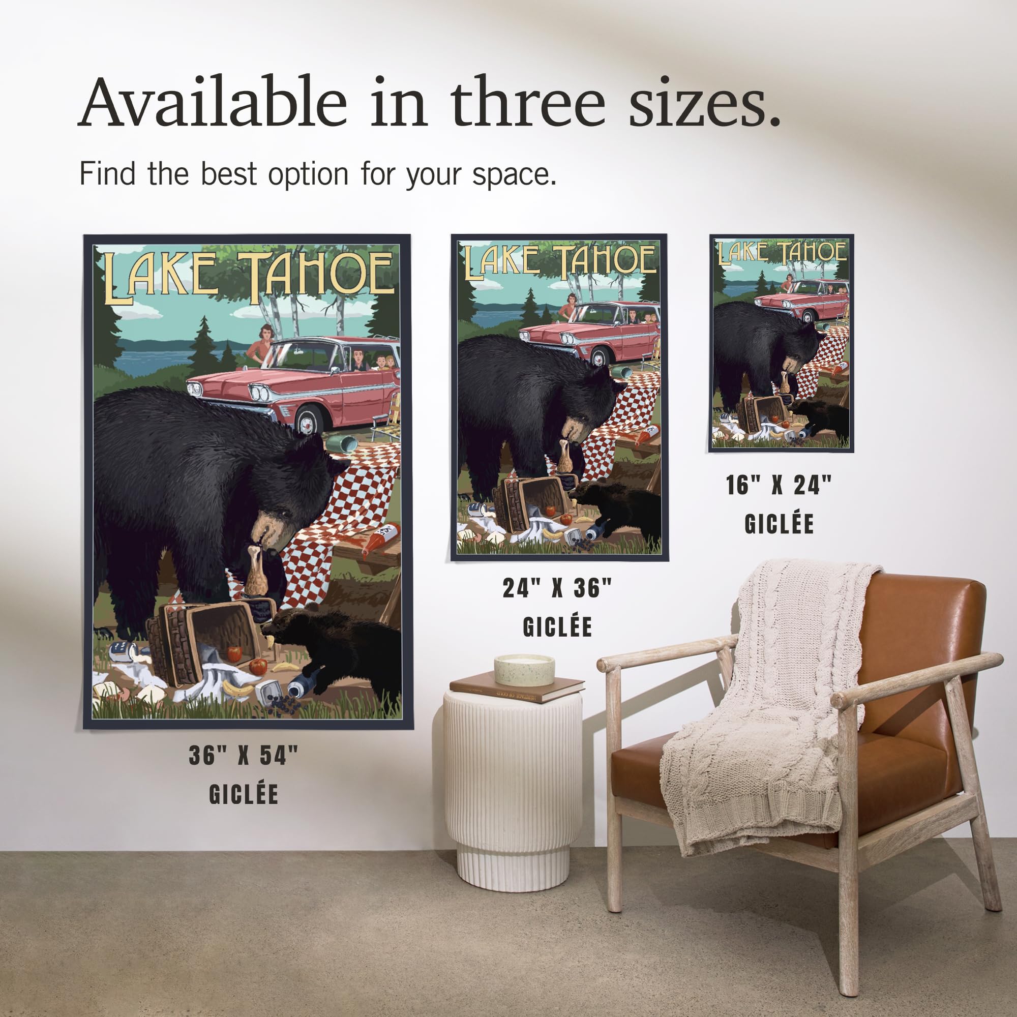 Lantern Press 16x24 Inch Giclee Art Print - Lake Tahoe California Landscape with Bear & Picnic Scene - Perfect for Home Decor, Office Wall Art & Cabin Retreats