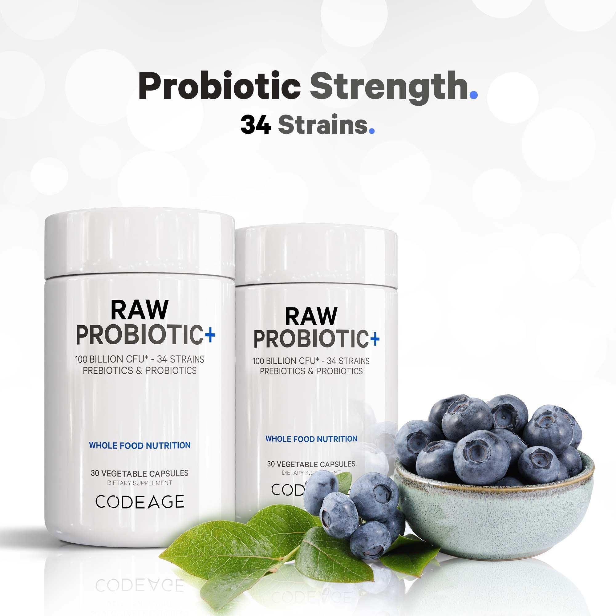 Codeage Raw Probiotic+ Supplement - 100 Billion CFU, 34 Strains, Gut Health & Immune Support - for Digestive Wellness, Bloating Relief & Daily Immune Boost - Unflavored Capsules for Men & Women