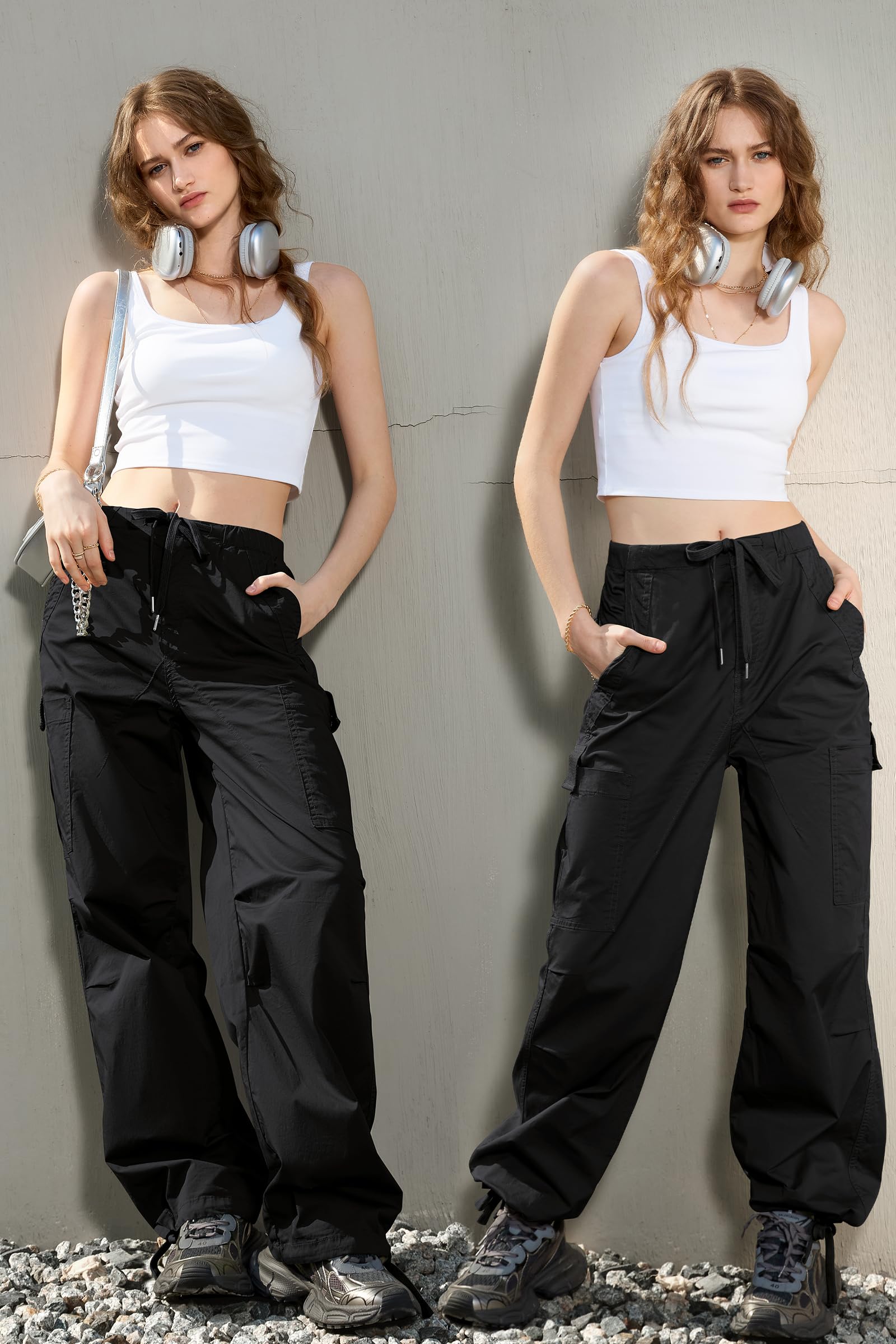 IVIR Women's Cargo Pants - High Waisted Baggy Parachute Pants with 6 Pockets | Y2K Streetwear Joggers for Casual Wear, Hiking & Urban Fashion