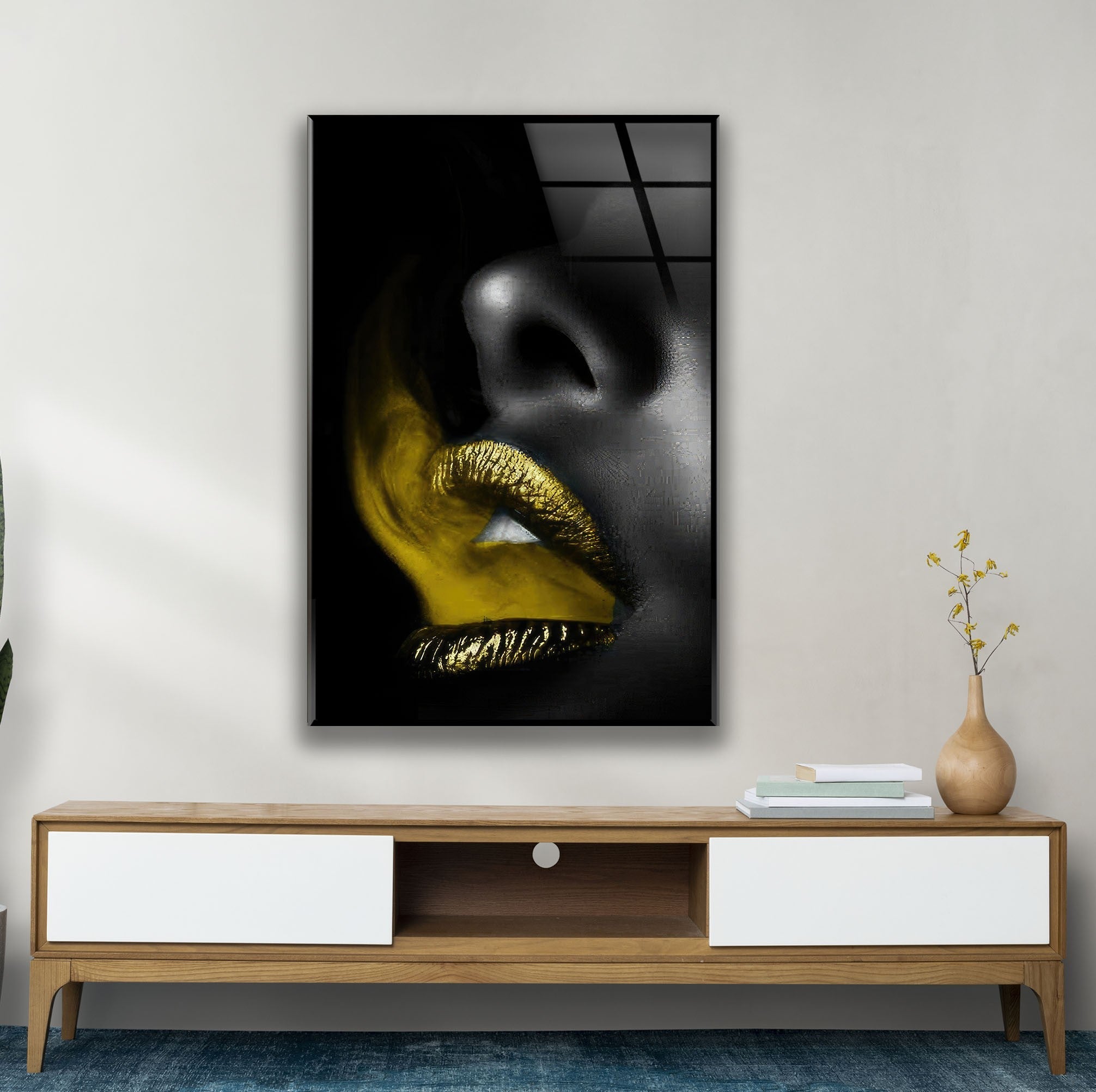 Black Woman and Yellow Lips Glass Wall Art - Elegant Modern Home Decor for Living Room, Bedroom, or Office - Perfect Gift for Art Lovers