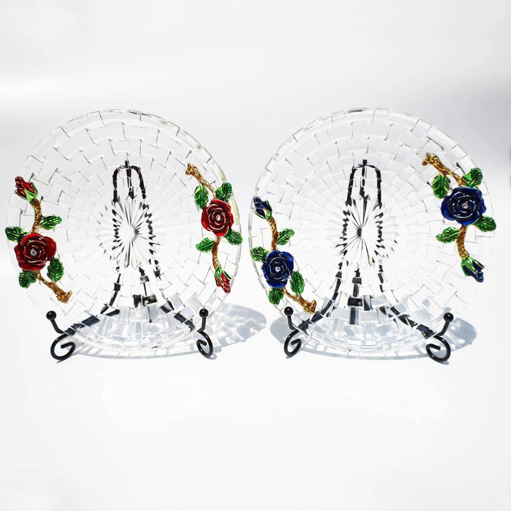 Blue Rose Floral Glass Tea Saucers - Small Round Dessert Plates for Tea Party, Afternoon Tea, Wedding, and Home Decor