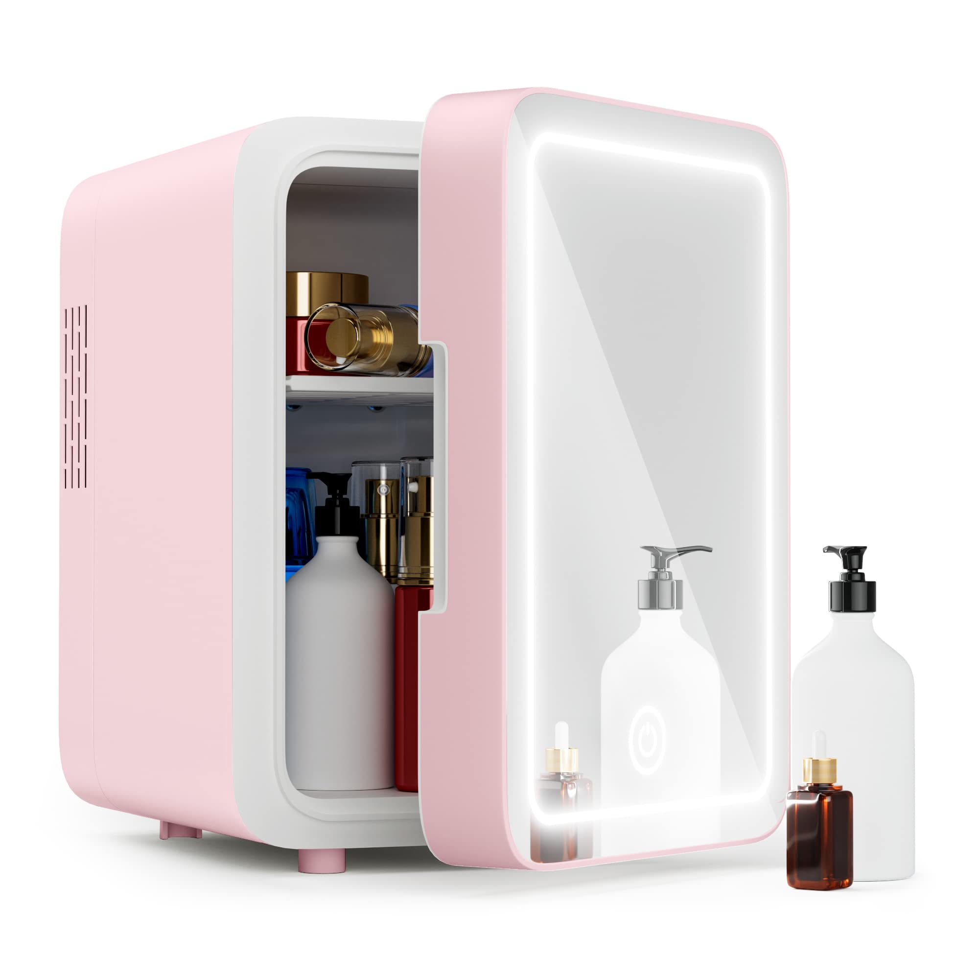 Mini Skincare Fridge with Dimmable LED Mirror - 4L/6 Can Portable Cooler & Warmer for Cosmetics, Food & Drinks | Perfect for Bedroom, Office, Car & Travel | Pink Makeup Organizer for Skincare Routine & Beauty Storage