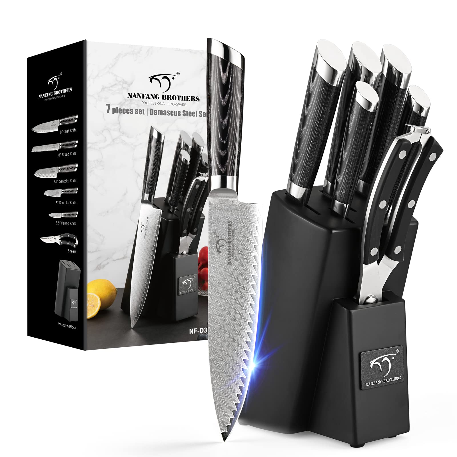 Premium 7-Piece Damascus Steel Knife Set with Wooden Block - Chef Knives, Kitchen Shears & Ergonomic ABS Handles - Perfect for Home Cooking, Professional Chefs & Gourmet Food Preparation