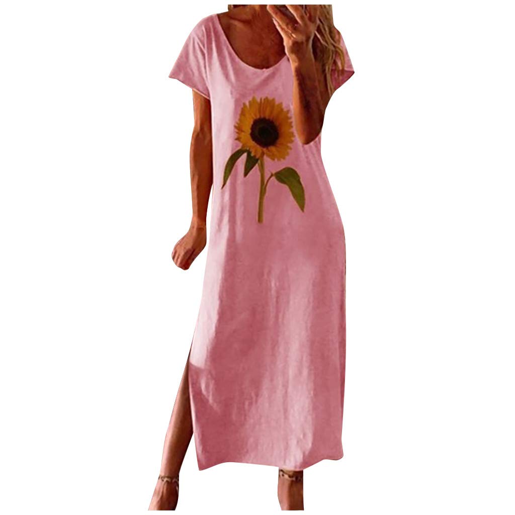 Kaideny Women's Floral Sunflower Print Round Neck Short Sleeve Side Split Maxi Dress - Casual Summer Beach Dress in Pink for Vacation, Party & Outdoor Activities