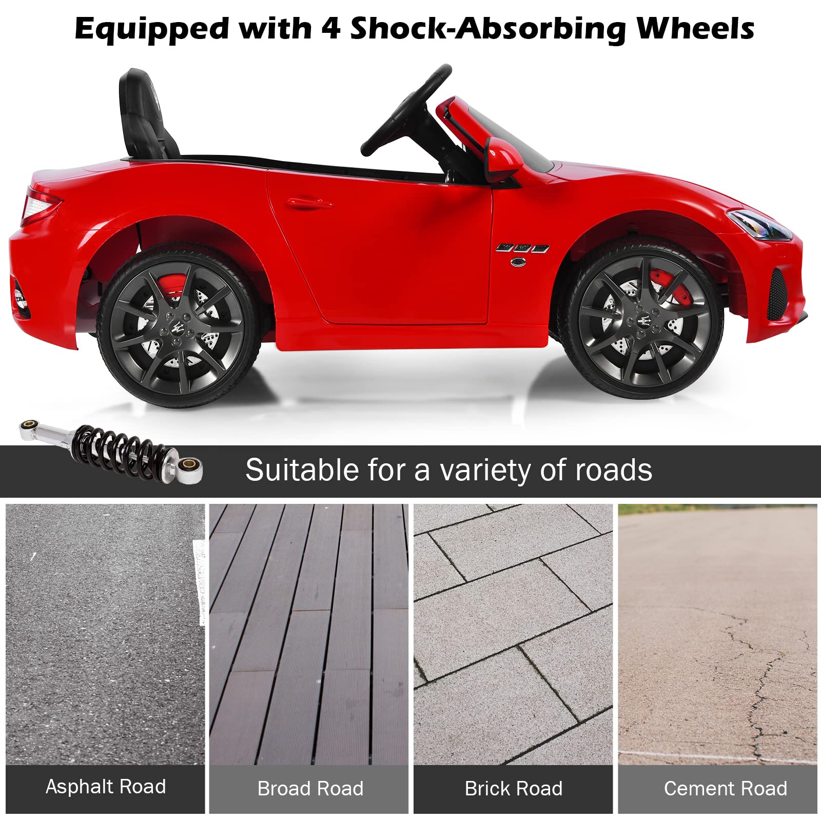 Costzon 12V Licensed Maserati GranCabrio Kids Electric Ride-On Car with Remote Control - Spring Suspension, LED Lights, USB Port, Horn & Music - 4-Wheeler Battery Powered Vehicle for Boys & Girls (Red) | Perfect Birthday Gift, Outdoor Play & Pretend Driving Fun