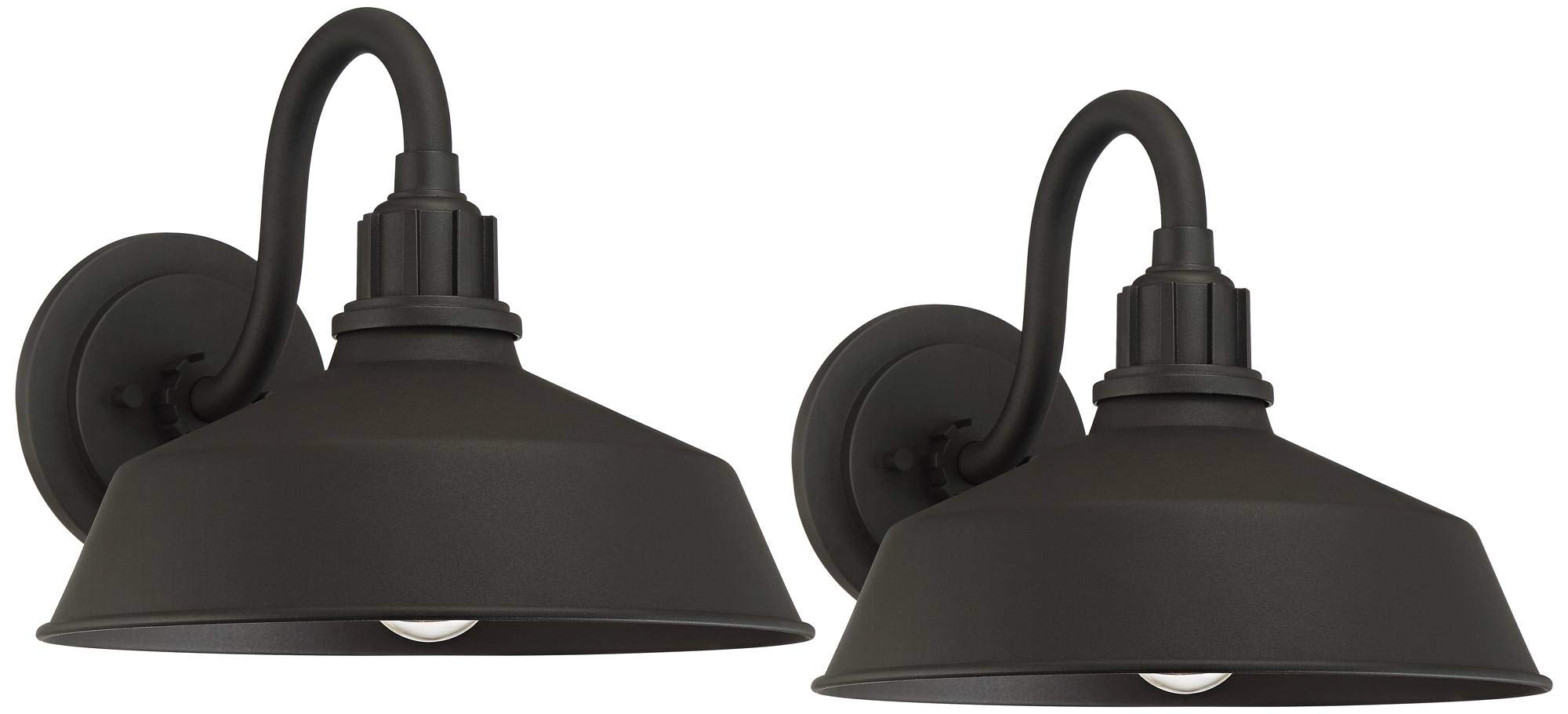 Franklin Iron Works Arnett Rustic Industrial Farmhouse Outdoor Barn Light Fixtures - Set of 2 Black Gooseneck Wall Sconces (10.5