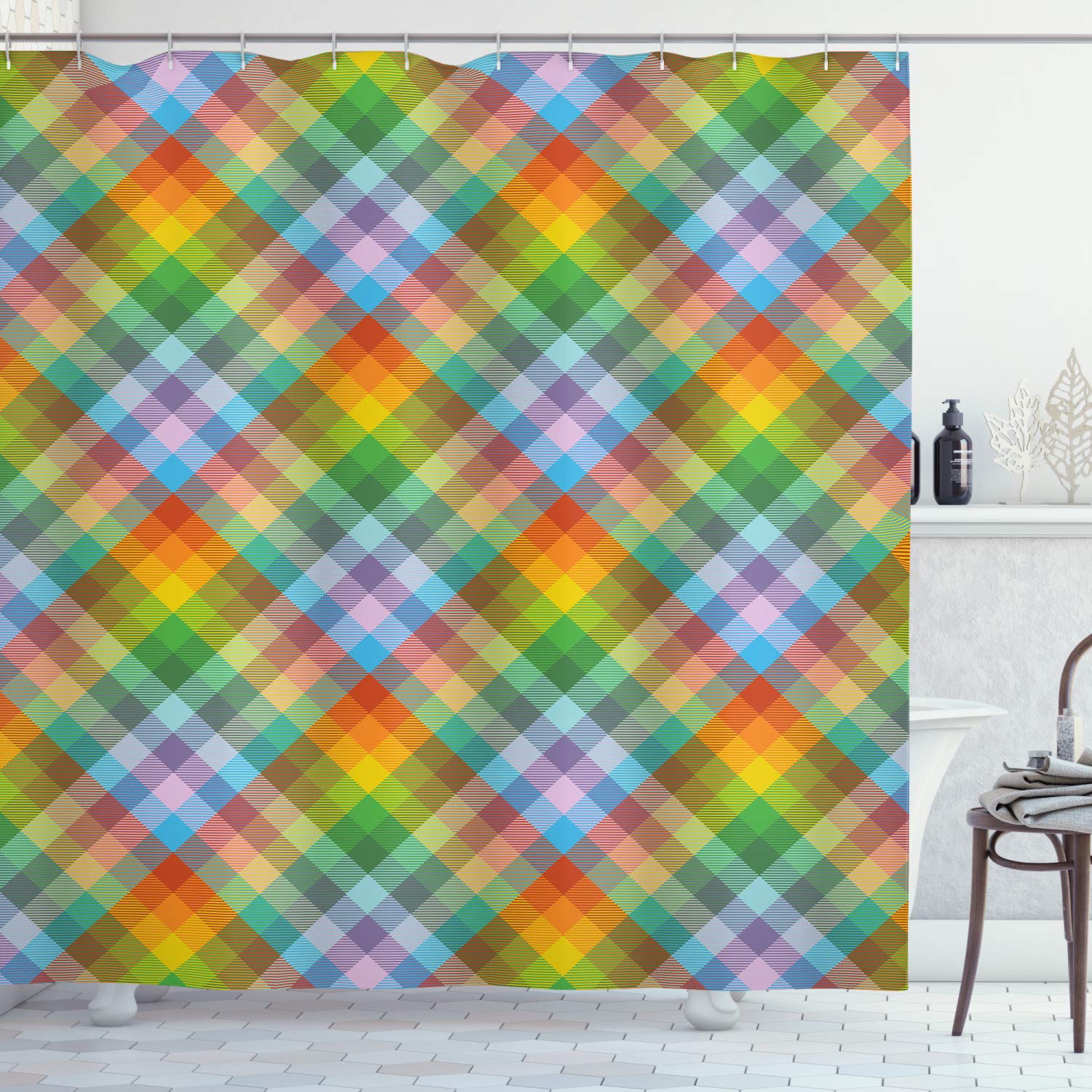 Ambesonne Plaid Shower Curtain - Colorful British Fashion Geometric Pattern Bathroom Decor with Hooks, 69x75 Inches - Perfect for Modern, Vintage & Coastal Bathroom Styles