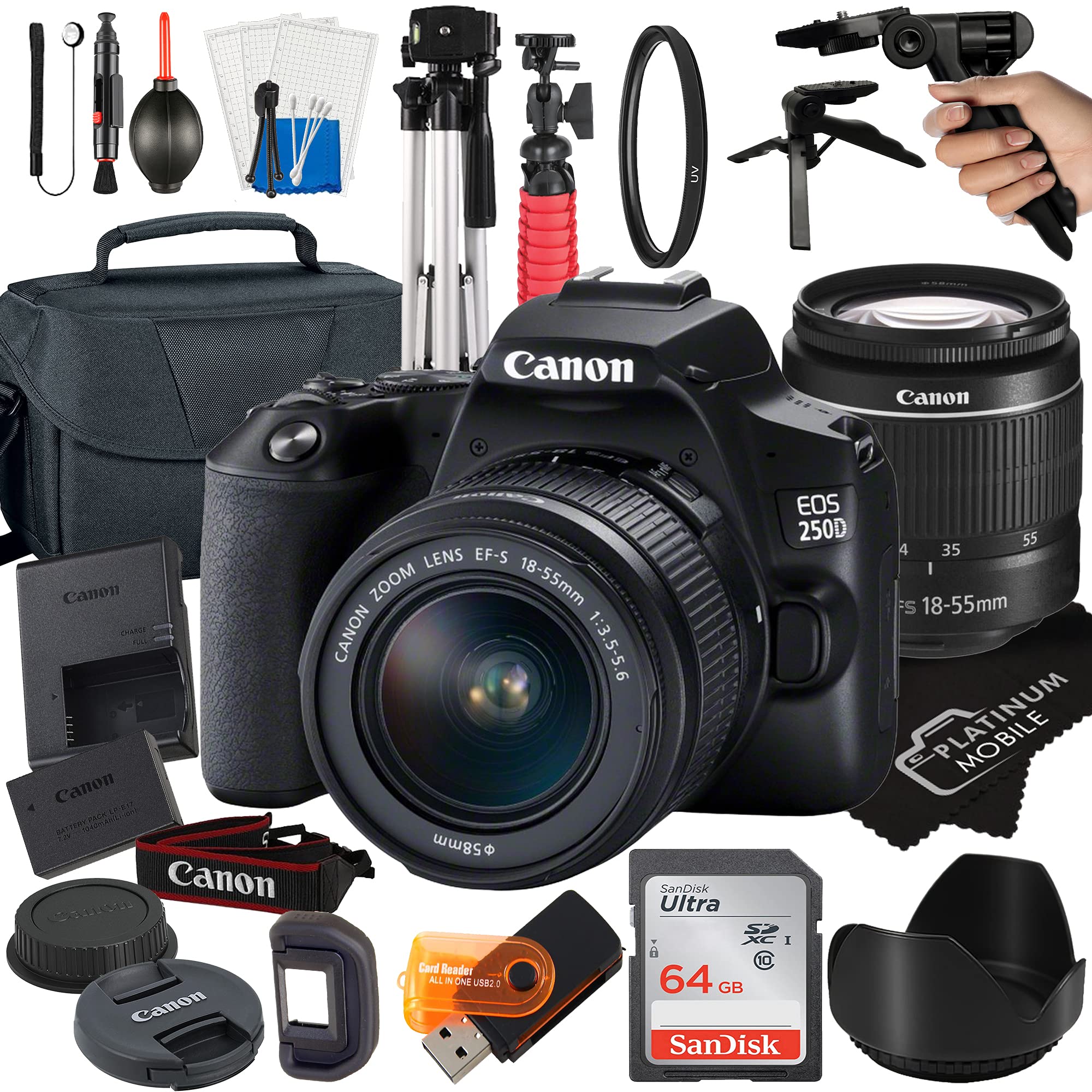 Canon EOS 250D / Rebel SL3 DSLR Camera with EF-S 18-55mm Lens Kit - 64GB SanDisk Card, Tripod, Case & 21pc Accessory Bundle (Renewed) - Perfect for Travel Photography, Vlogging & Beginner Photographers