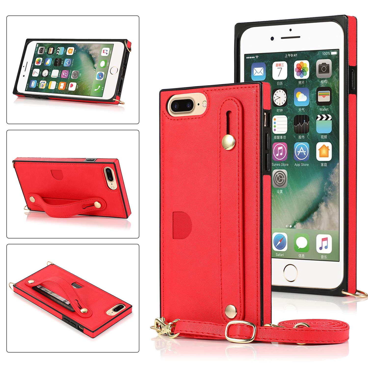 Shockproof Crossbody Phone Wallet Case for iPhone 6/6s - Full Body Protection with Kickstand, Finger Strap & Card Holder (Red) | Perfect for Travel, Shopping & Hands-Free Convenience