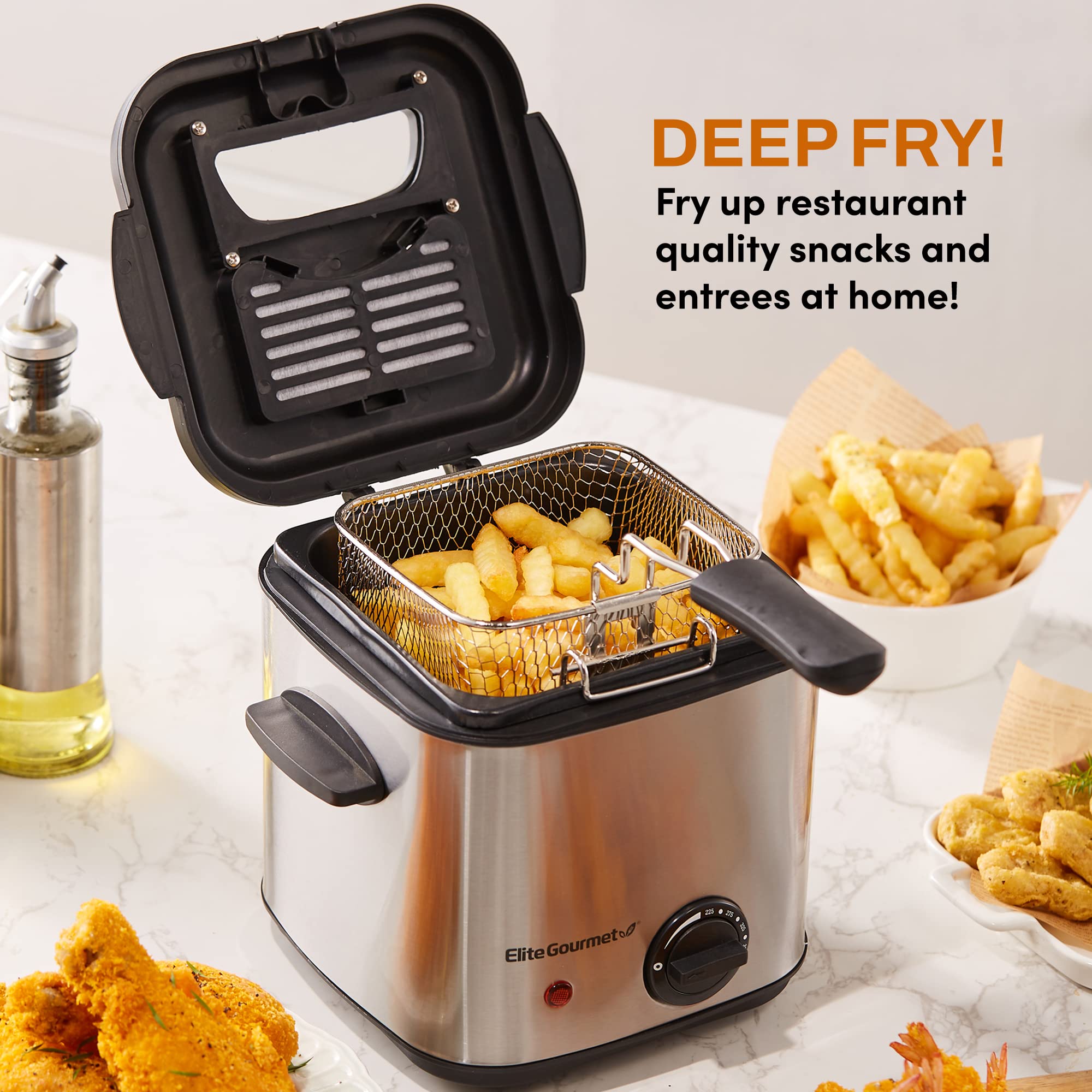 Elite Gourmet EDF1550# 1.5 Qt (6 Cup) Electric Deep Fryer with Adjustable Temperature, Removable Basket & Viewing Window - Stainless Steel Design for Home Kitchen, Restaurants & Party Cooking