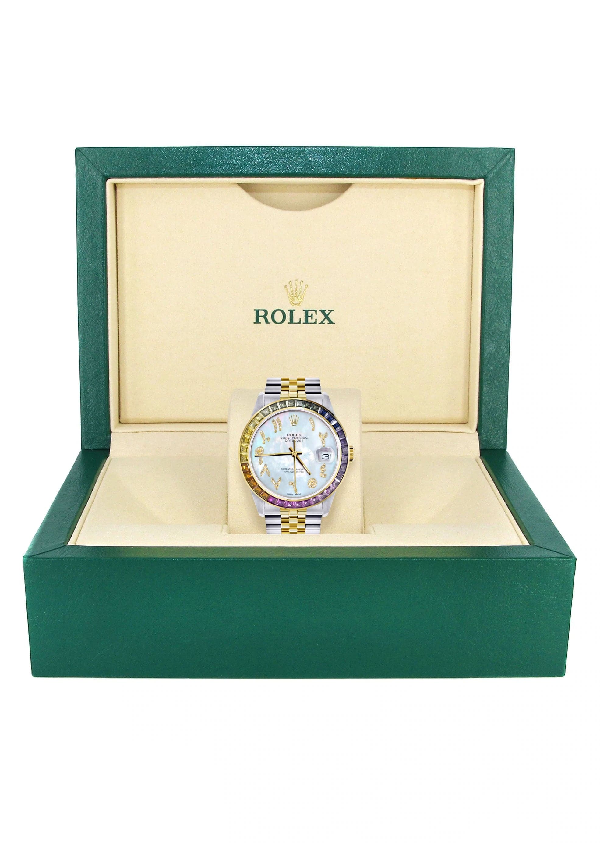 Luxury Diamond Gold Rolex Watch For Men 16233 | 36mm Swiss Automatic | Rainbow Sapphire Bezel & Diamond Mother-of-Pearl Arabic Dial | Jubilee Bracelet | Perfect for Gifts, Weddings & Special Occasions