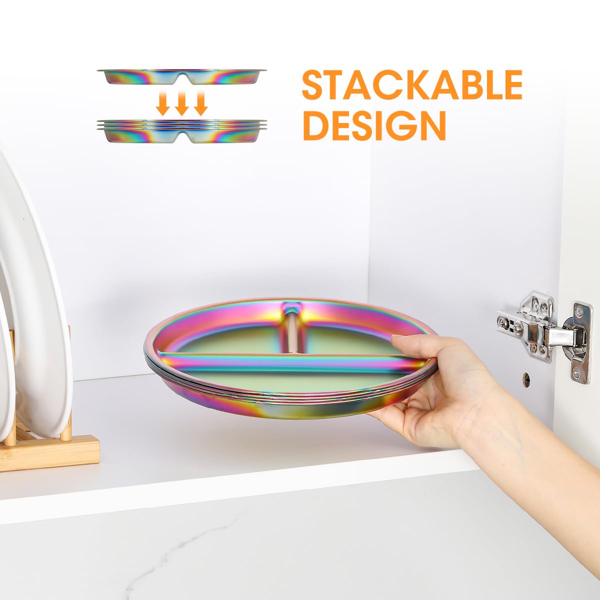 AIEVE 4-Pack Stainless Steel Divided Kids Plates - 9 Inch Round Portion Control Toddler Plates for Healthy Eating - Perfect for Home, School, and Travel Use